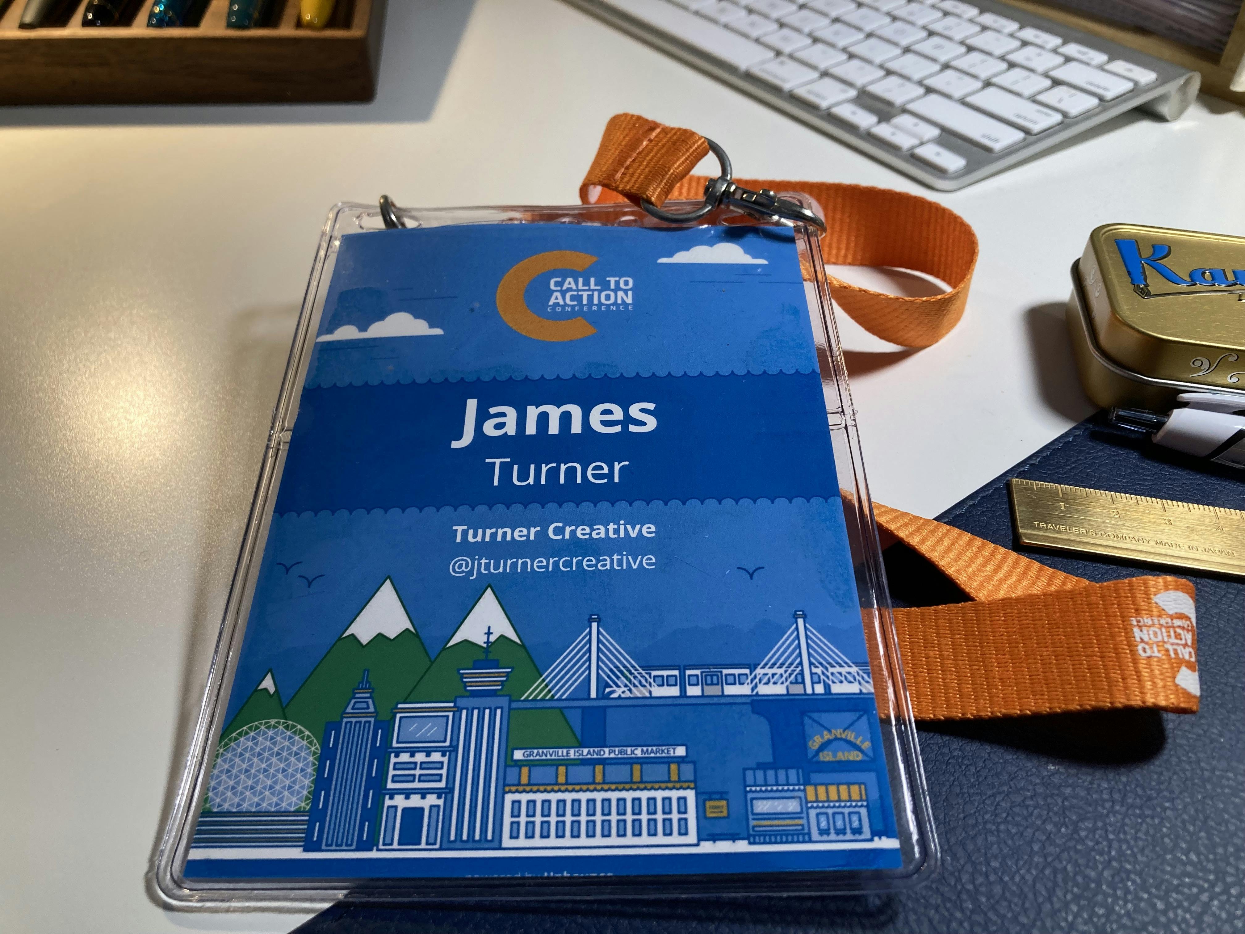 James Turner's blue and orange CTAConf 2015 Lanyard