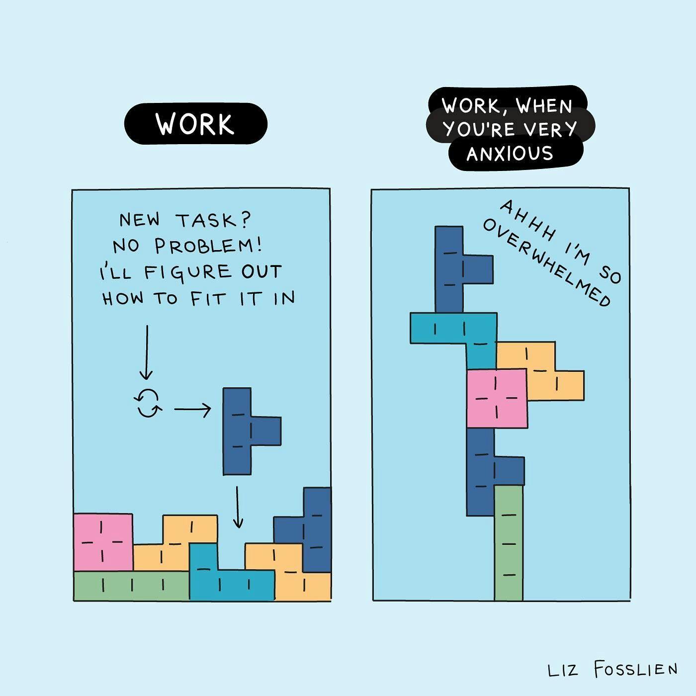 Two illustrations comparing the game Tetris to work, pointing out that when you're overwhelmed with work, it feels like losing at Tetris.