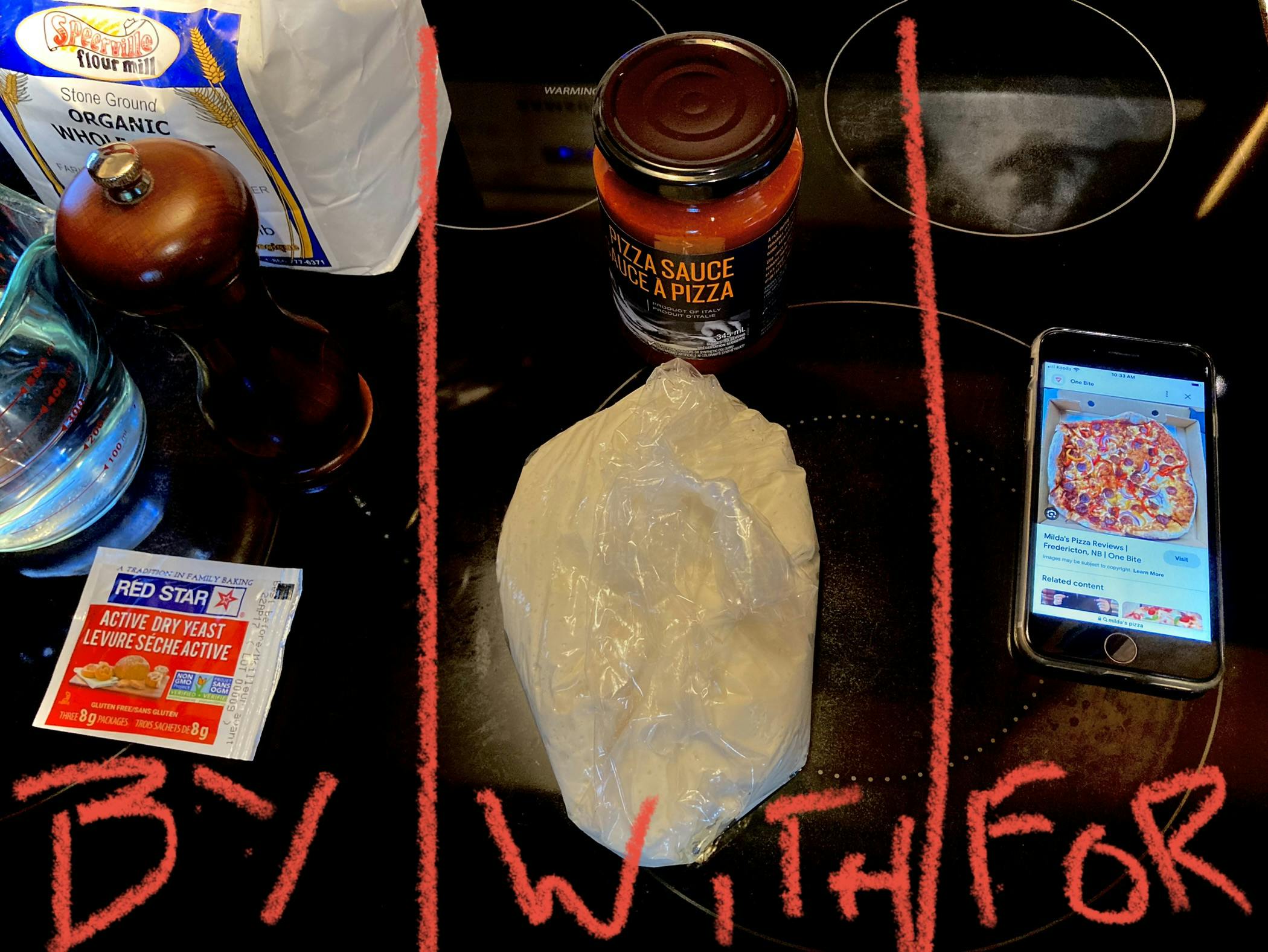 A 3-part photo showing the different ingredients required to get pizza done by you, with you, or for you