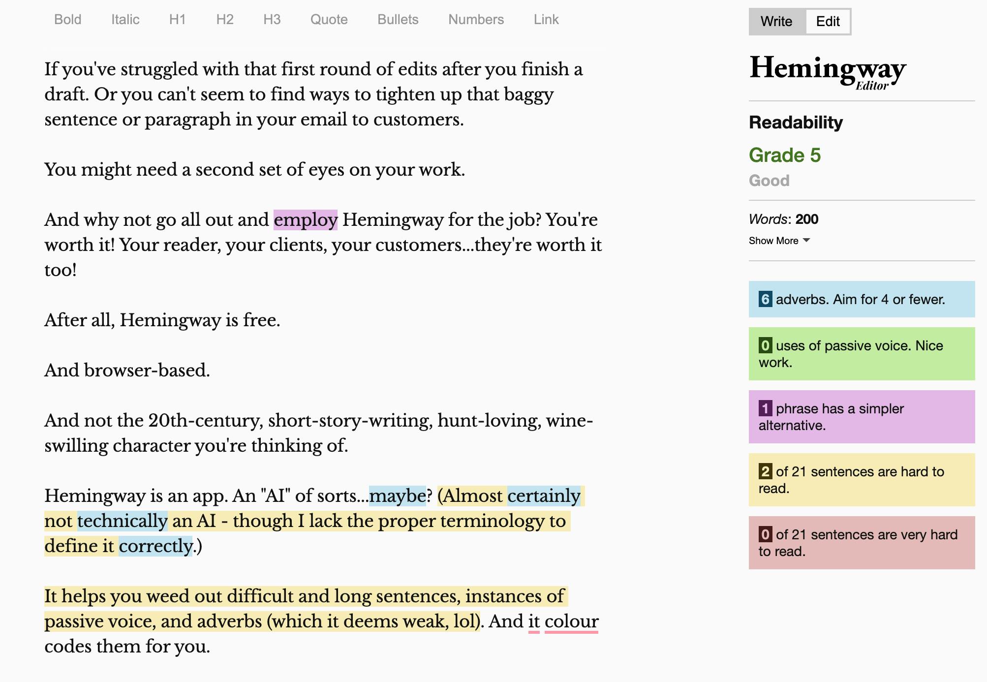 An image of the text-editing app Hemingway with this piece in production