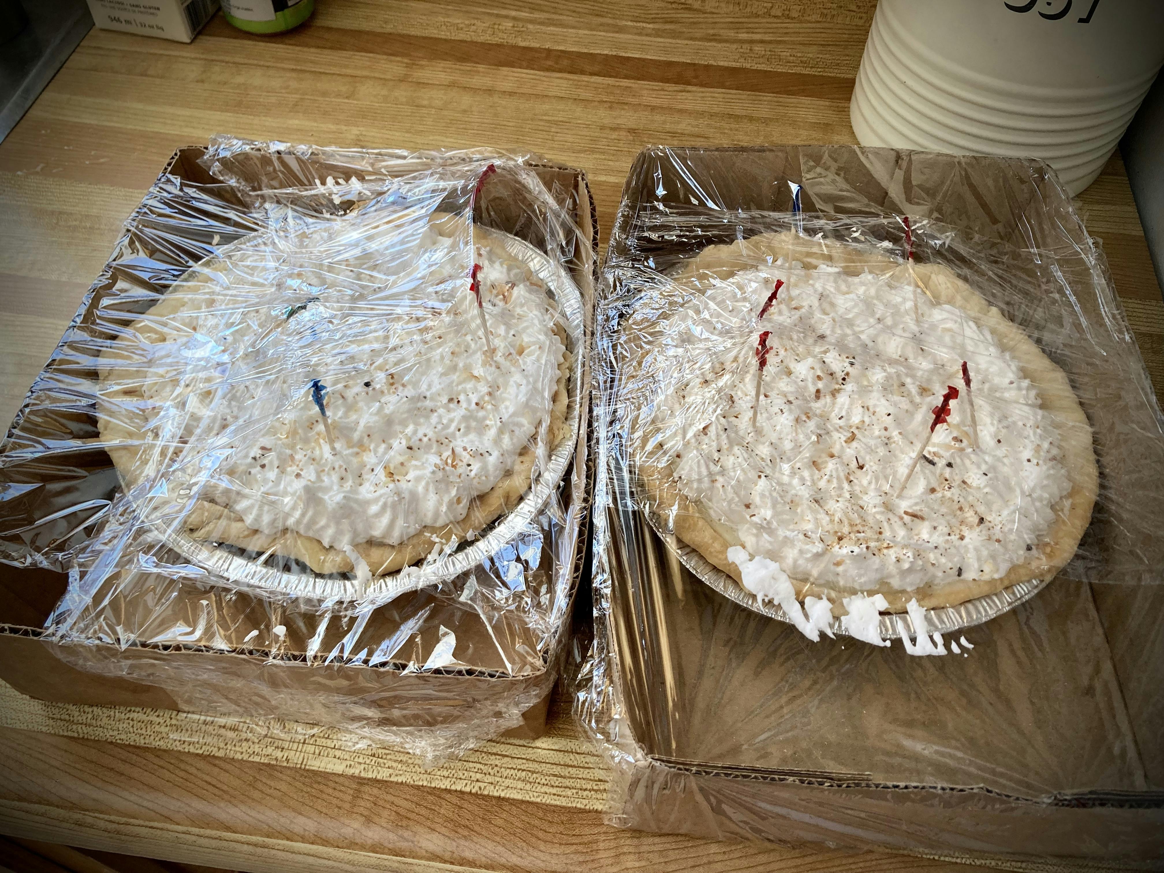 A photo of two coconut cream pies in boxes, covered in saran wrap and with cocktail skewers keeping the wrap from messing up the whipped cream topping.