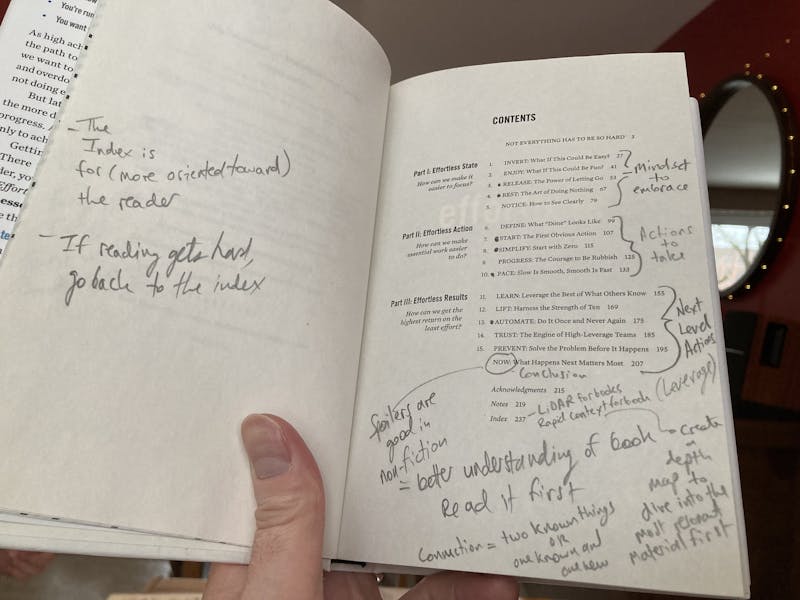 A photo of the table of contents of the book Effortless by Greg McKeown, all marked up with notes