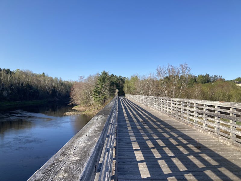 A picture looking over a pedestrian bridge