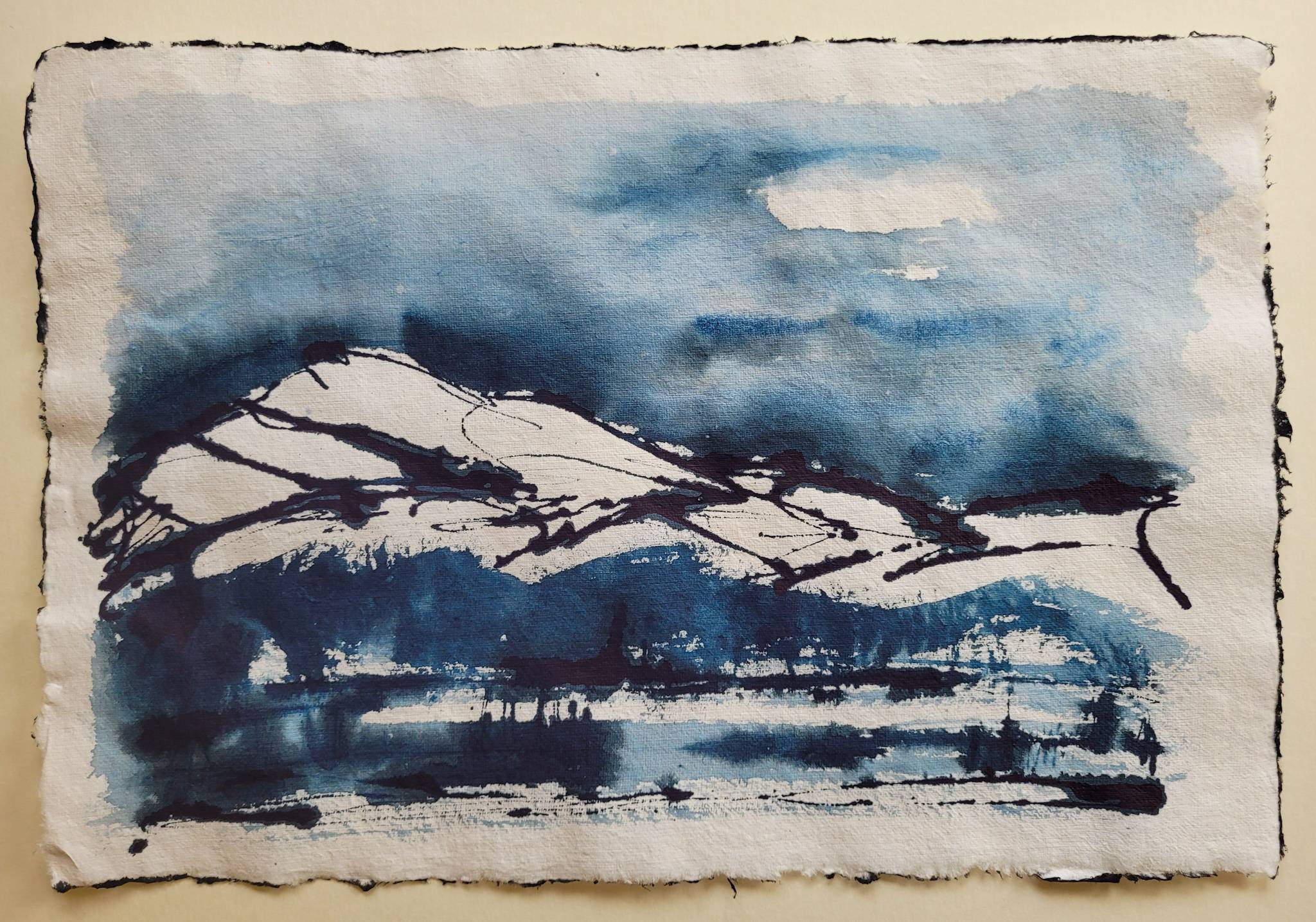 indigo ink drawing on paper, original art