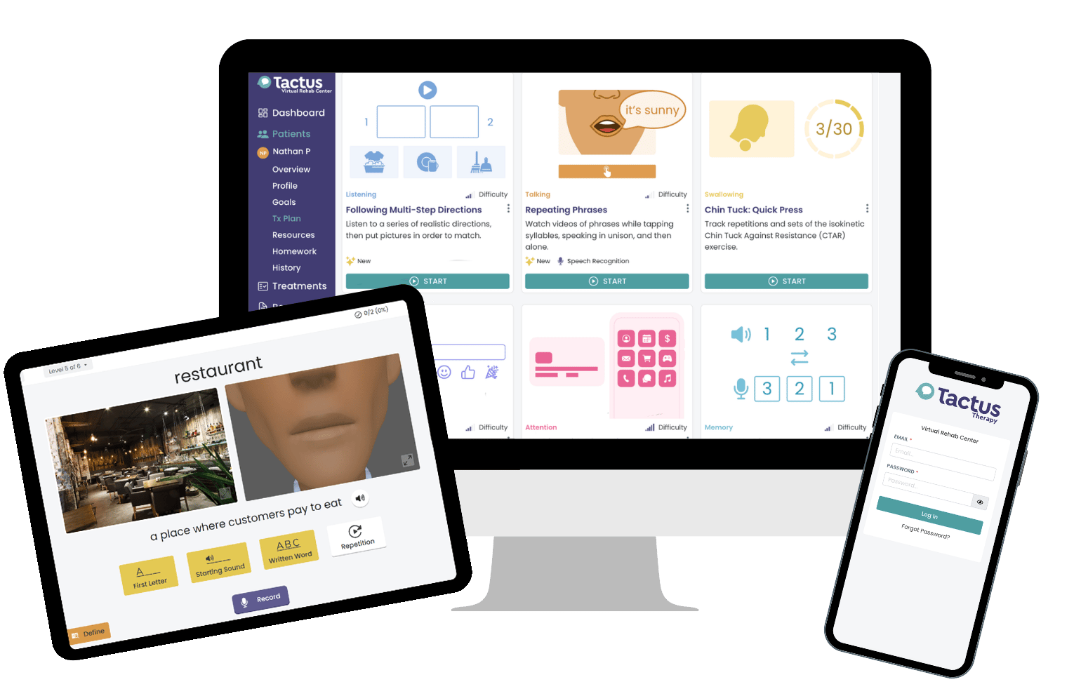 Screenshots of the Tactus Virtual Rehab center on a computer, tablet, and phone