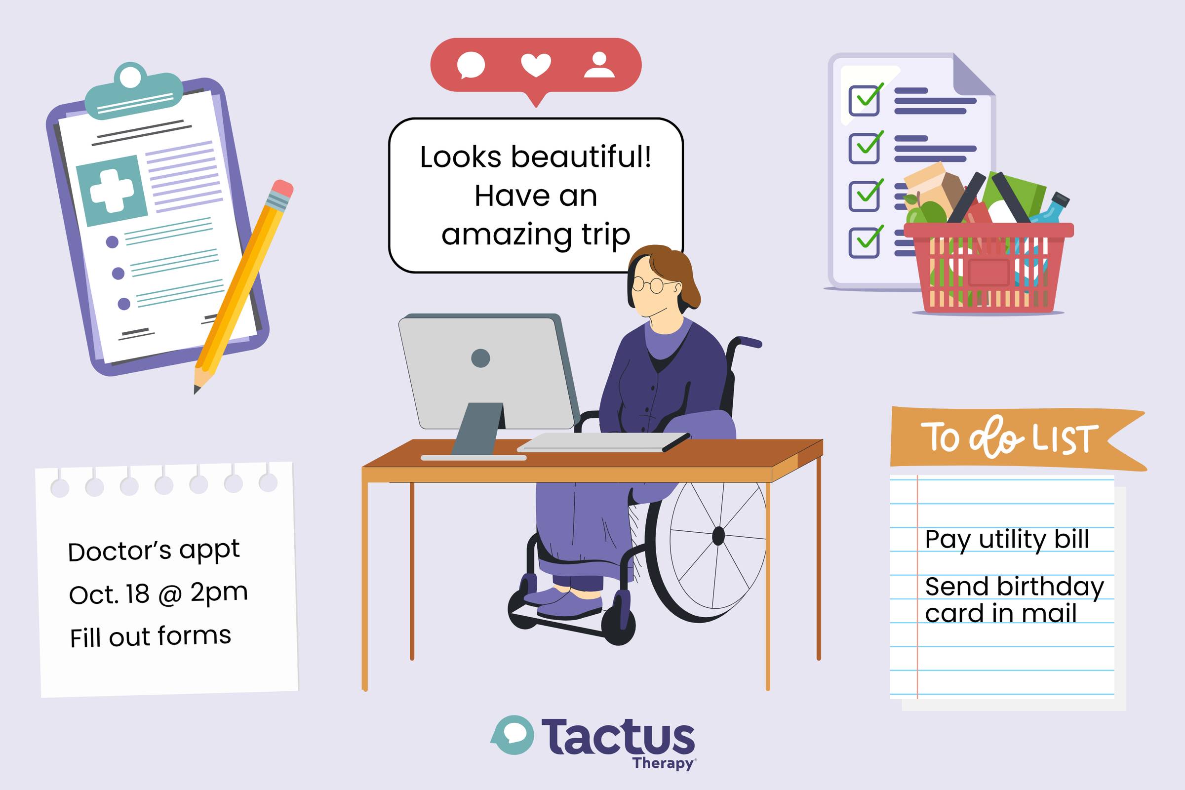 A graphic showing a woman sitting in a wheelchair writing a social media comment, surrounded by other writing tasks like paper forms, grocery list, and to-do list