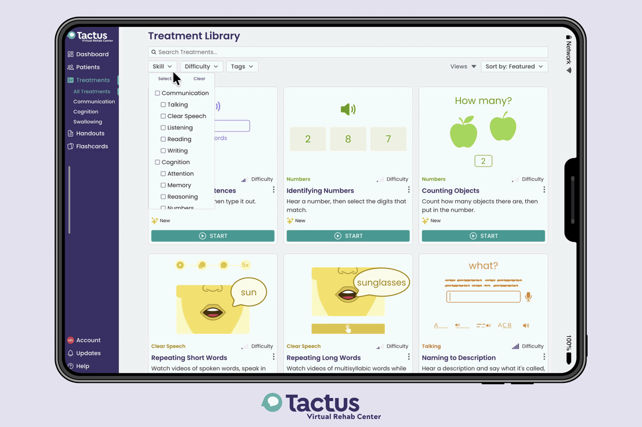 A gif that shows someone filtering treatments in the Virtual Rehab Center by "writing" and scrolling down through available treatments