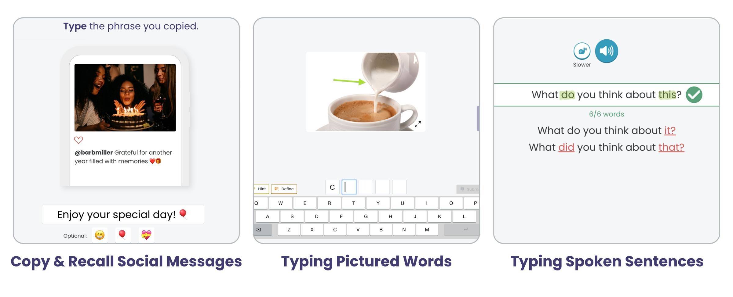 Screenshots of writing treatments available in the Virtual Rehab Center