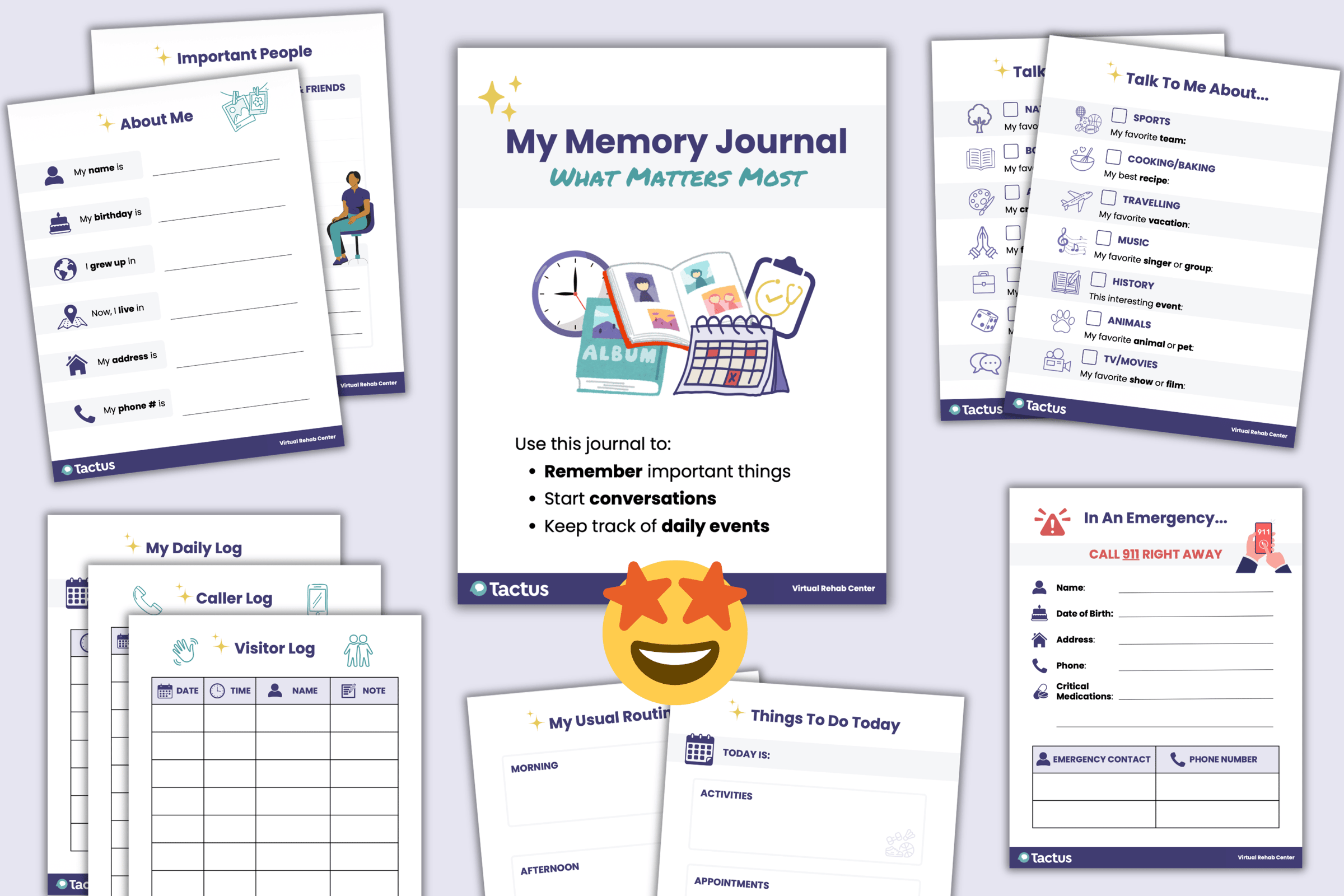 An image showing screenshots from the ready-made Memory Journal available in the Handout Vault of the Virtual Rehab Center