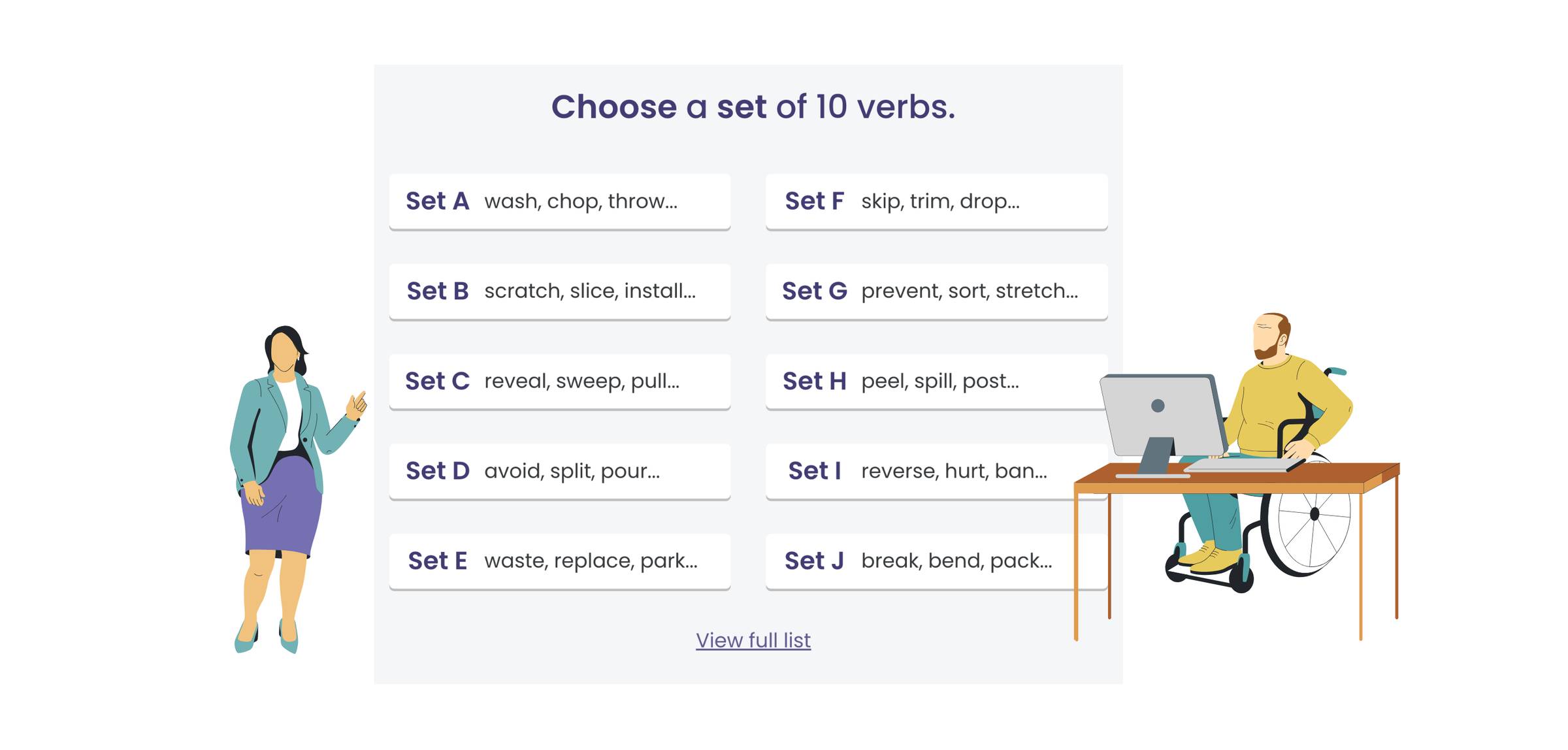 A screenshot that previews the 10 verb sets available in the Strengthening Verb Networks treatment