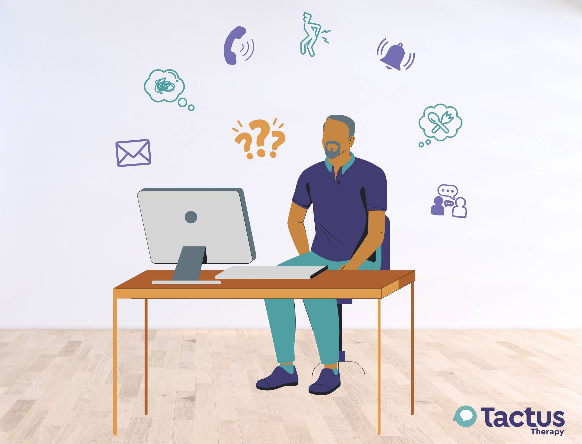 An image of a patient sitting at a computer with icons representing distractions all around him that make him forget what he's doing