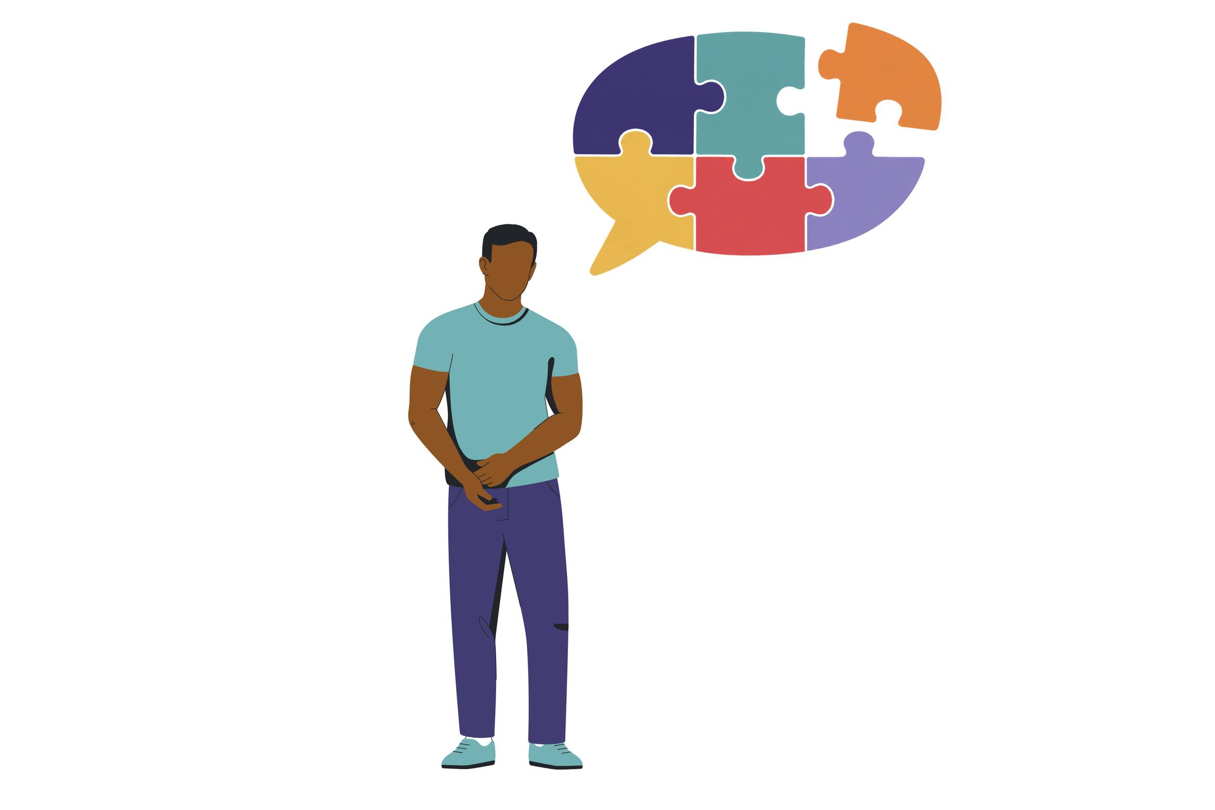An image of a man; there is a speech bubble coming from his mouth made up of several different puzzle pieces