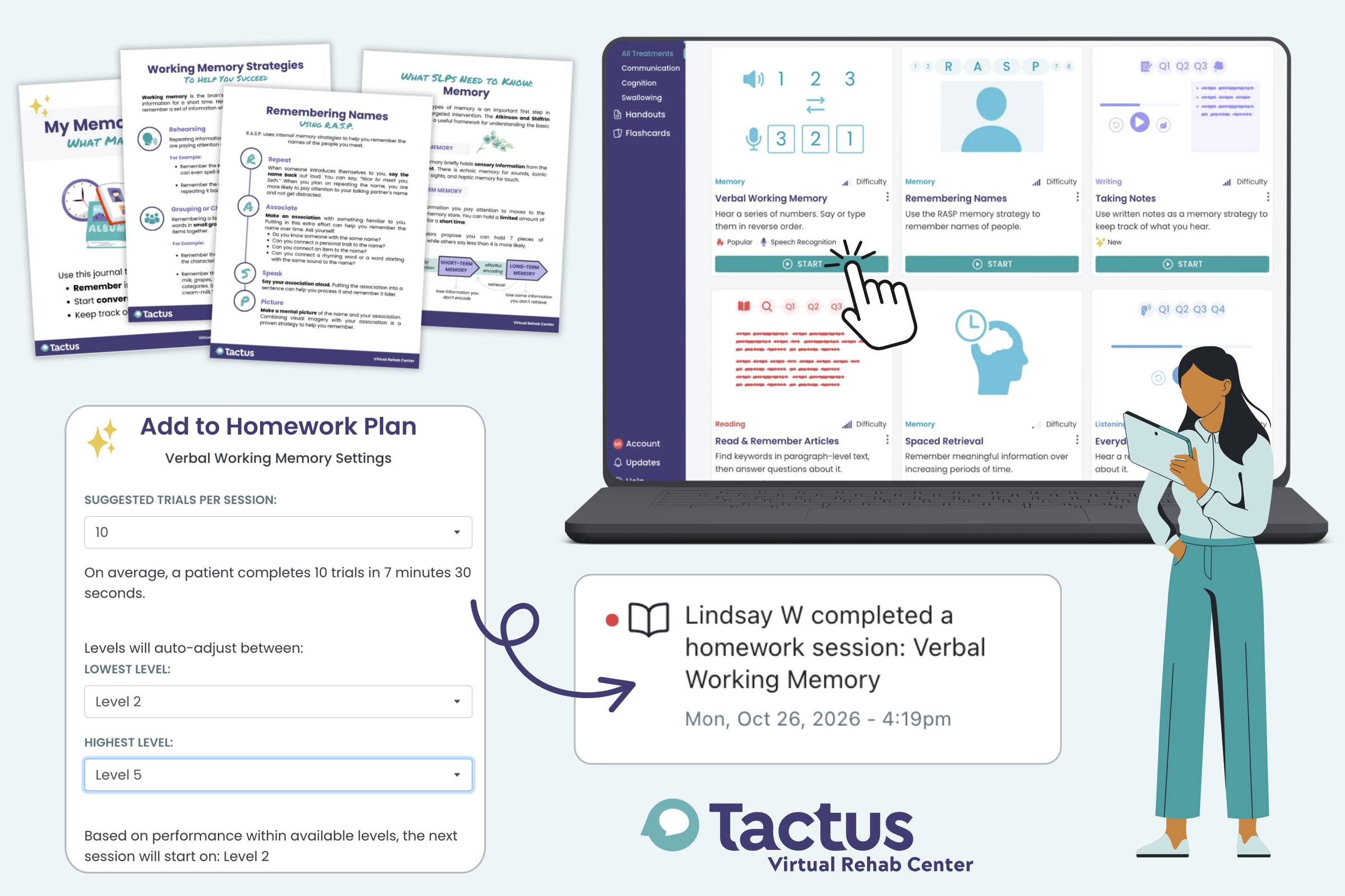 Screenshots showing memory handouts, memory treatments, and adding an exercise to a home exercise plan in the Virtual Rehab Center
