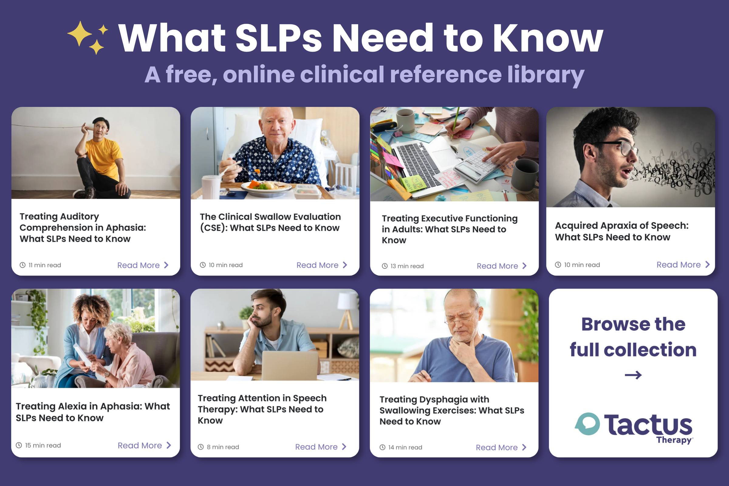 Several images of "What SLPs Need to Know" articles for several diagnoses and text that reads "browse the full collection"