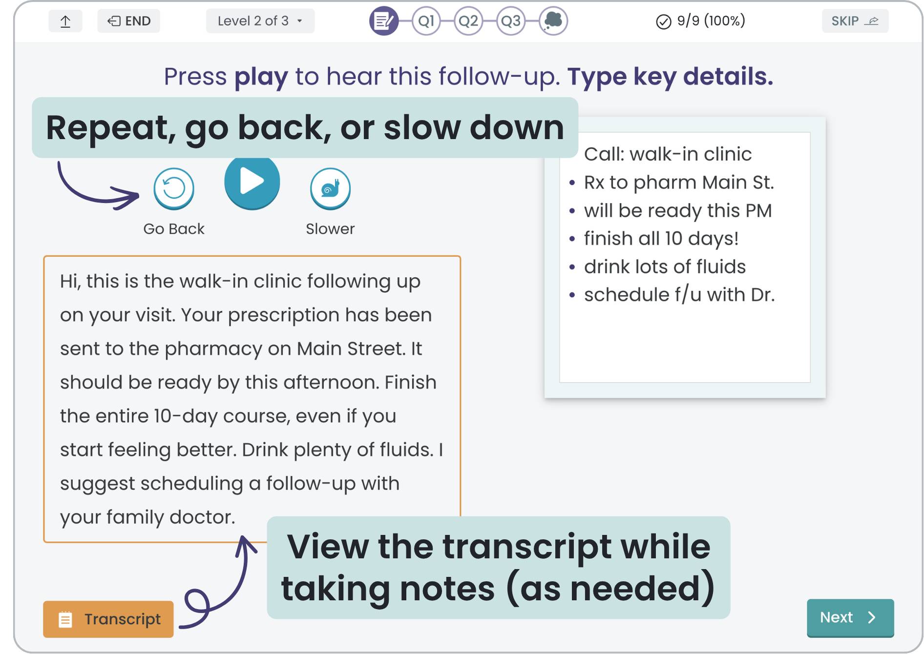 A screenshot of the Taking Notes treatment in the Virtual Rehab Center