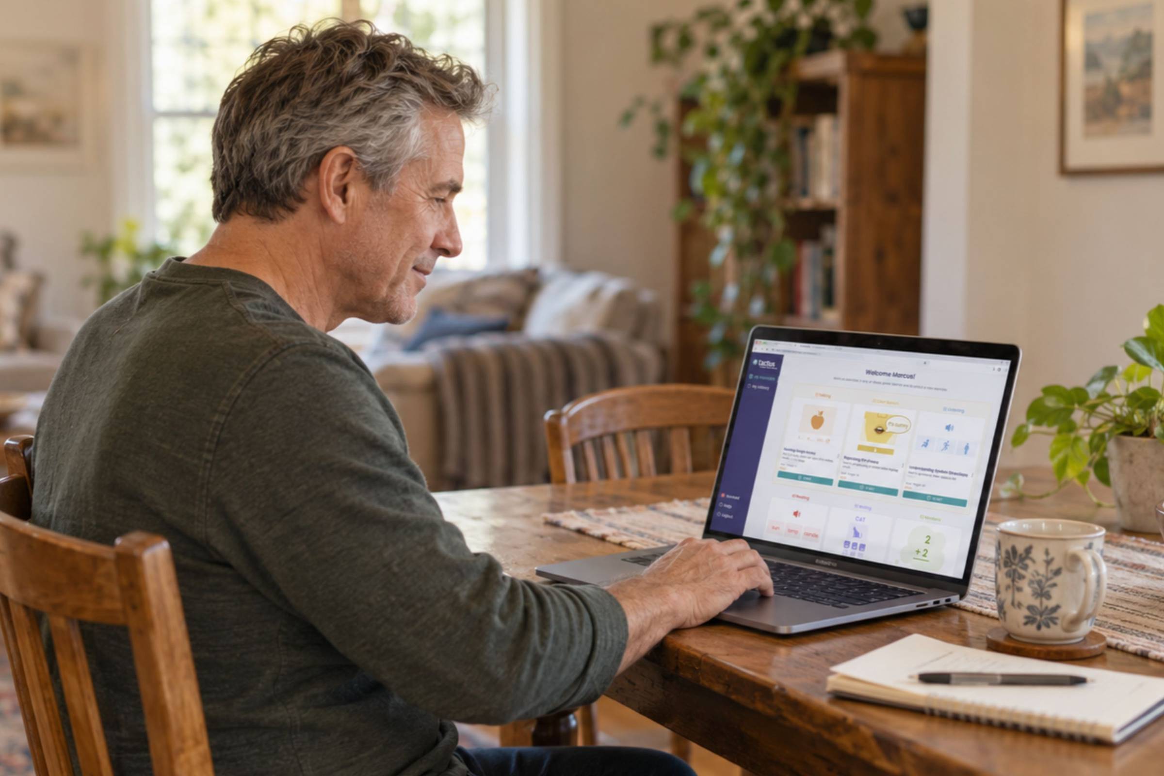 An image of a man sitting at a table, using the Virtual Rehab Center At Home