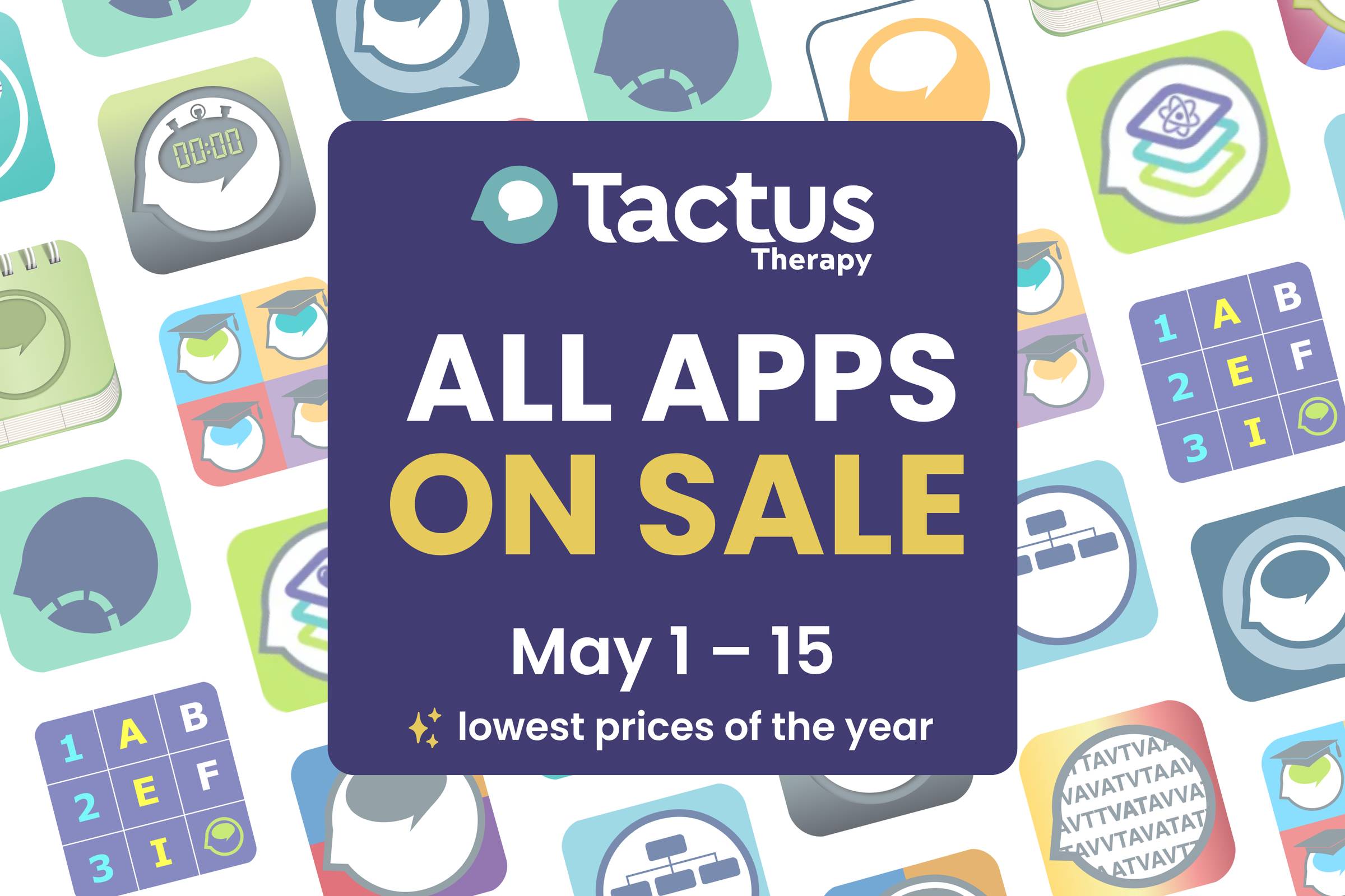 Graphic showing app icons and Tactus logo. Reads: All apps on sale May 1-15, lowest prices of the year