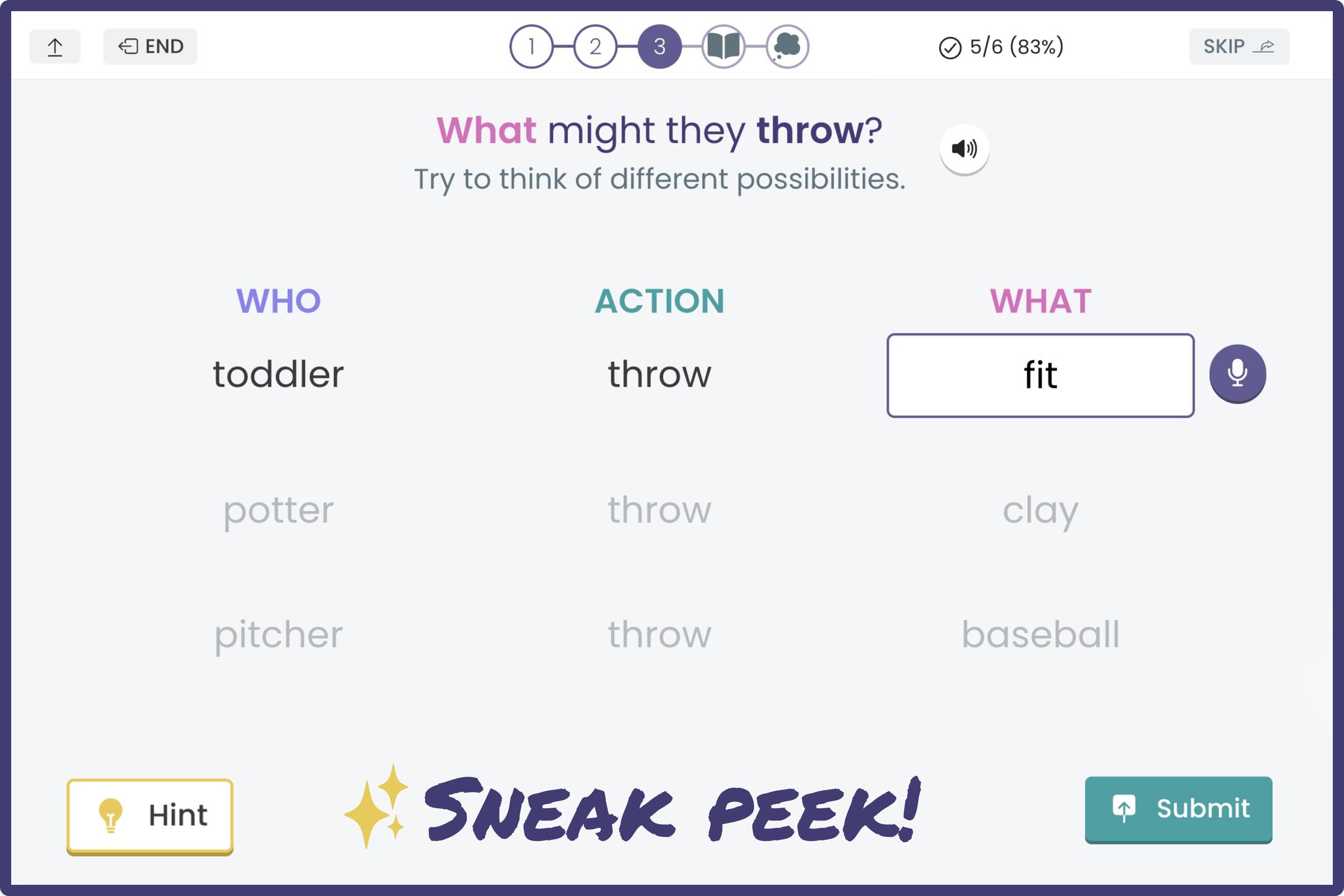 A screenshot of the Strengthening Verbs Treatment in the Virtual Rehab Center that shows 3 columns (Who, Action, What) with example rows for the verb "throw"