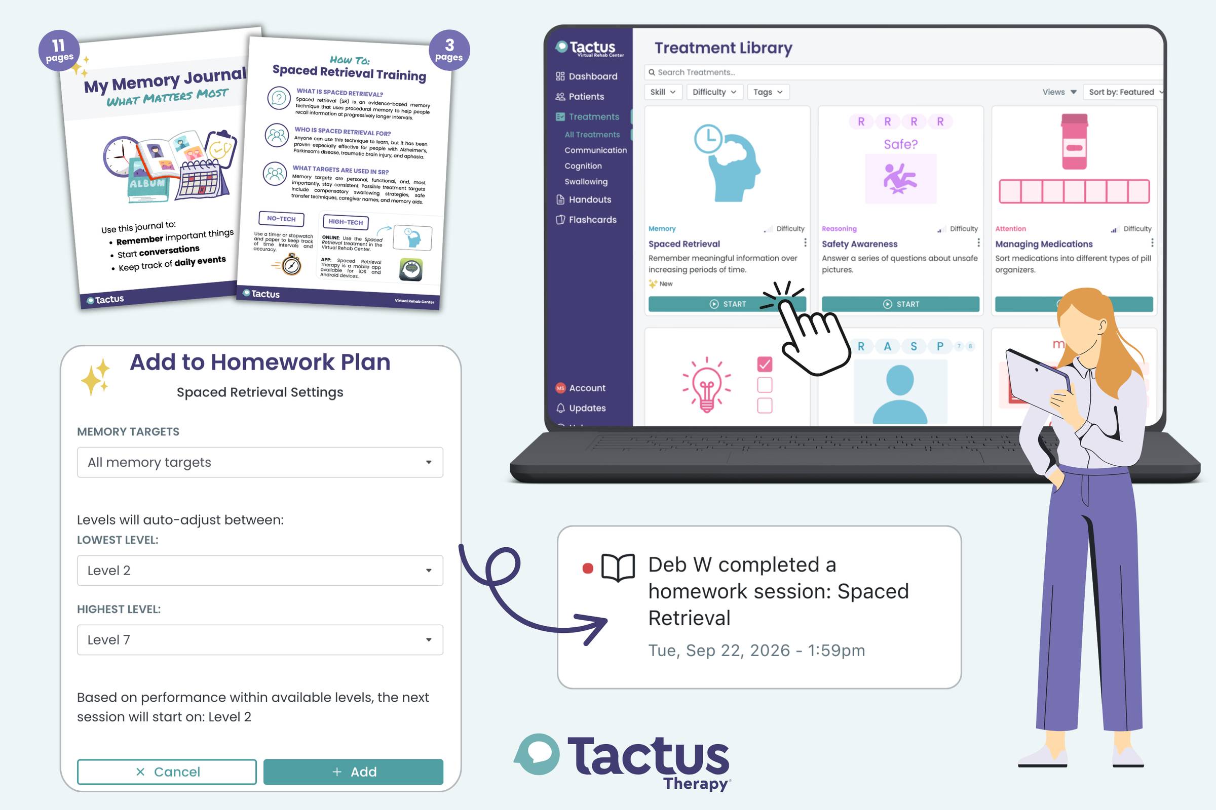 A graphic showing Spaced Retrieval treatment, handouts, and home exercises in the Virtual Rehab Center