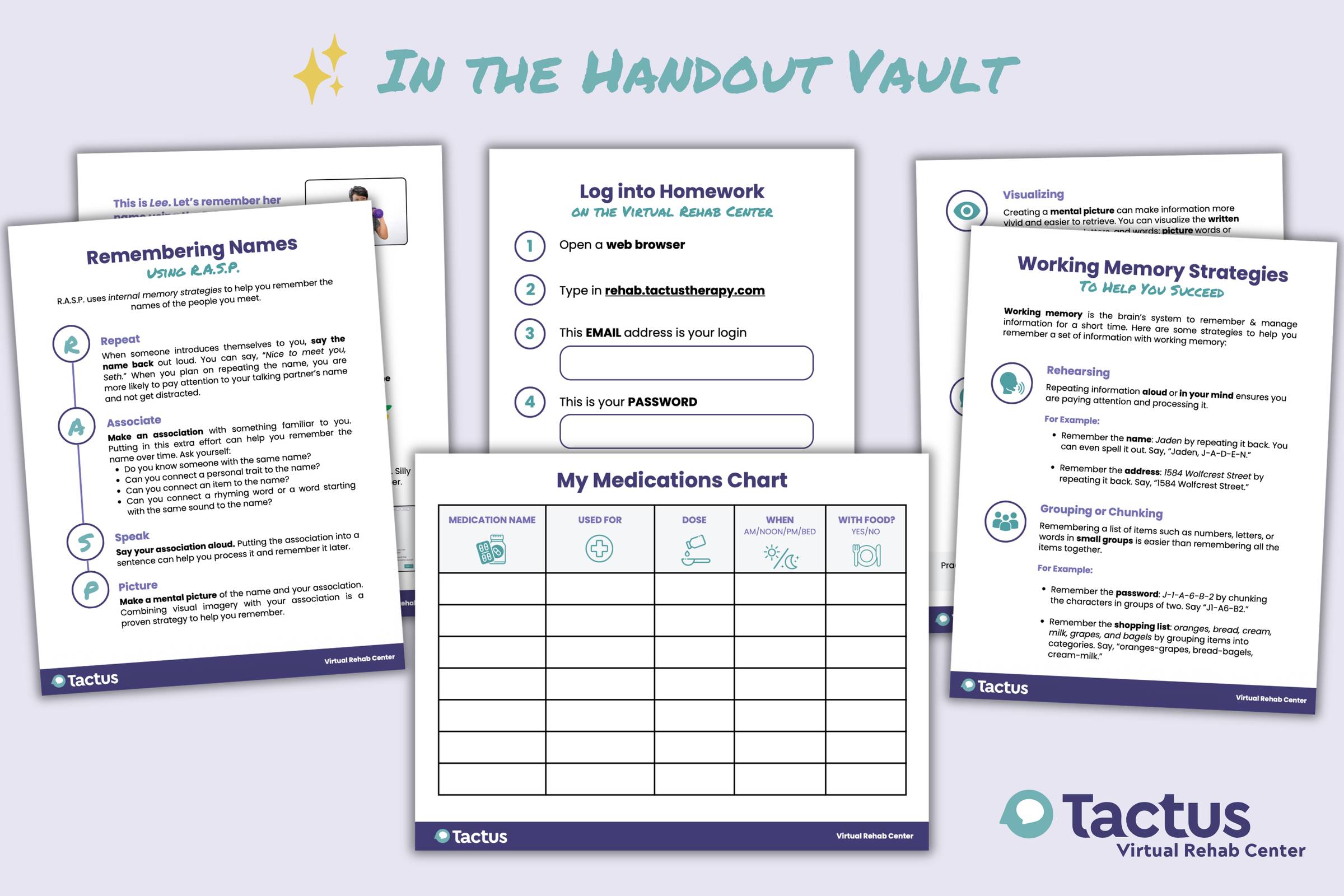 Screenshots of memory handouts from the Virtual Rehab Center