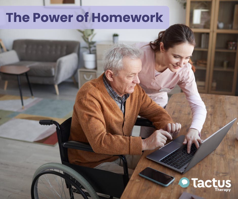 Image of a woman helping a man in a wheelchair using a computer with the words "The Power of Homework"