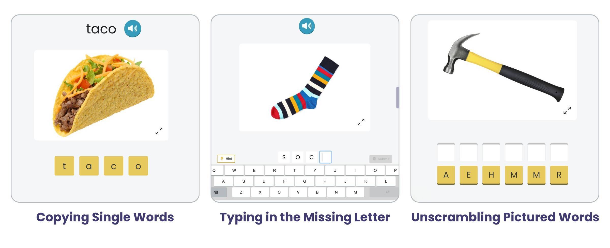 Screenshots of writing treatments available in the Virtual Rehab Center