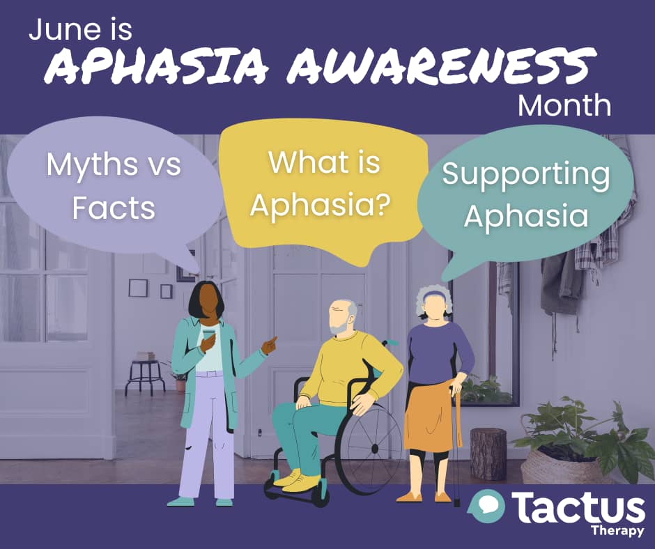 June is Aphasia Awareness Month with speech bubbles that say Myths vs Facts, What is Aphasia? and Supporting Aphasia