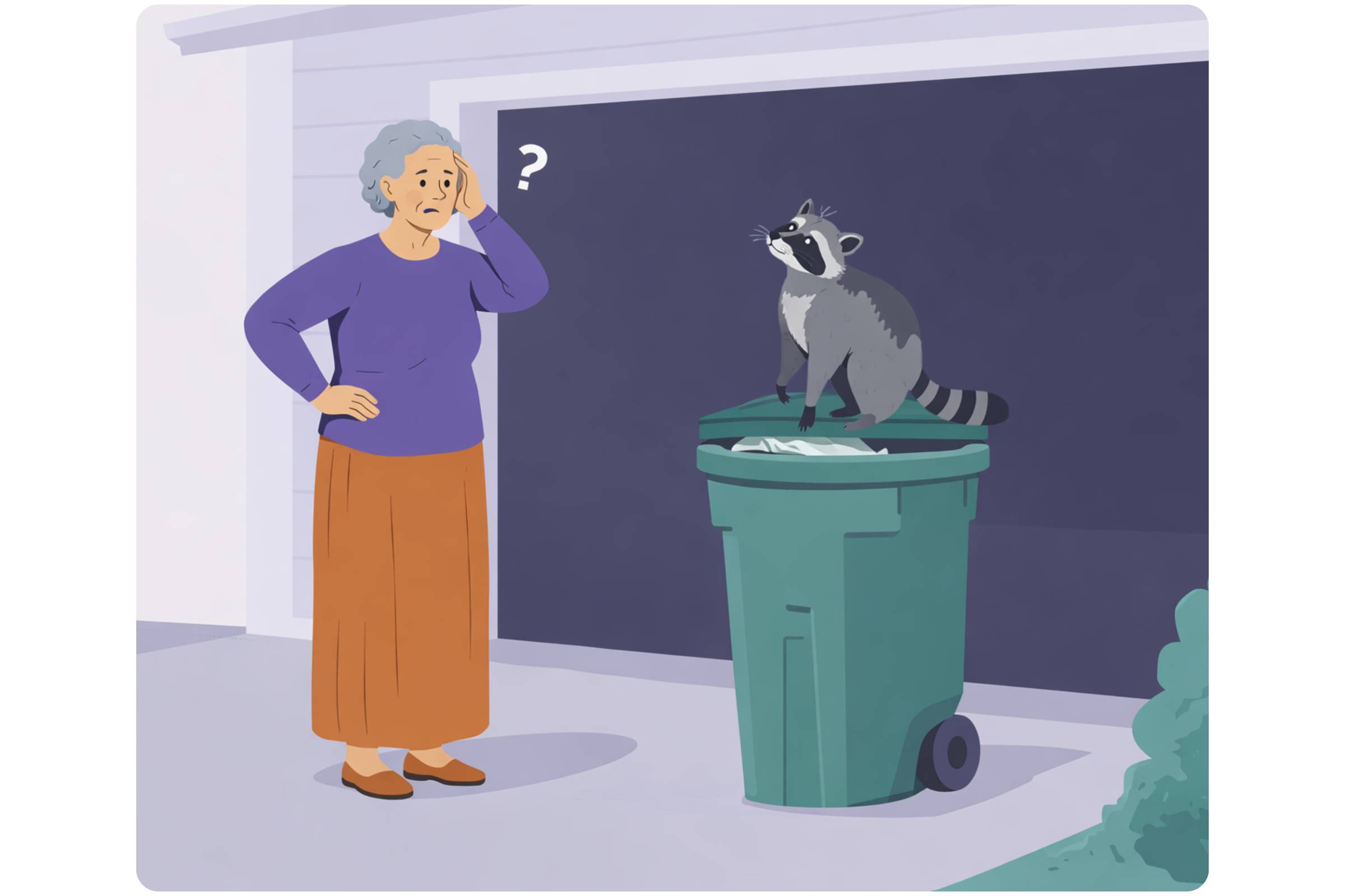 A confused grandma looks at a raccoon perched on a trash can in front of the garage
