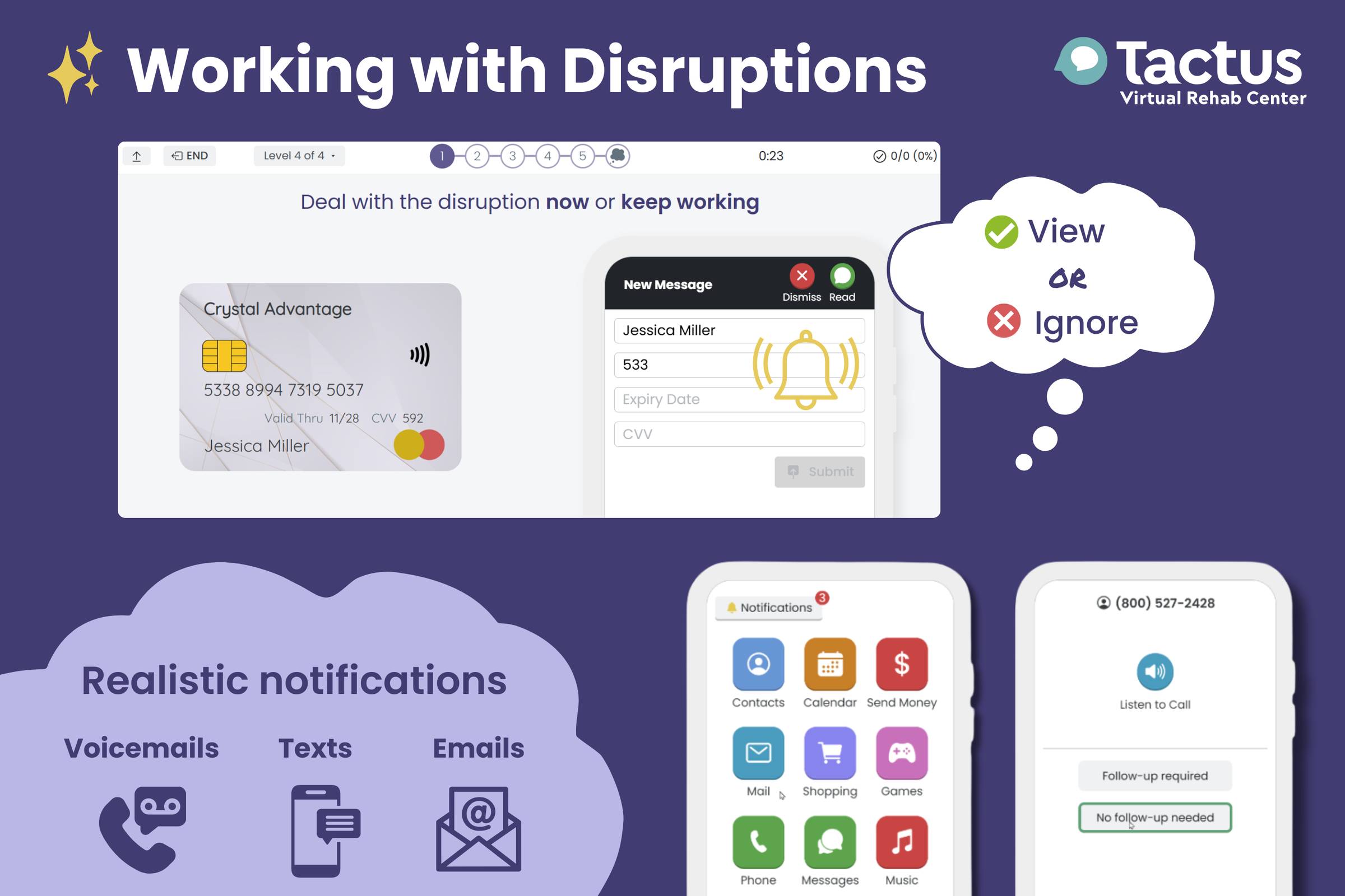 A graphic showing screenshots from the Working with Disruptions treatment in the Virtual Rehab Center