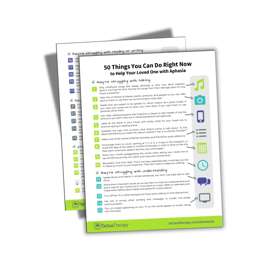 50 Things You Can Do Right Now to Help your Loved One With Aphasia handout