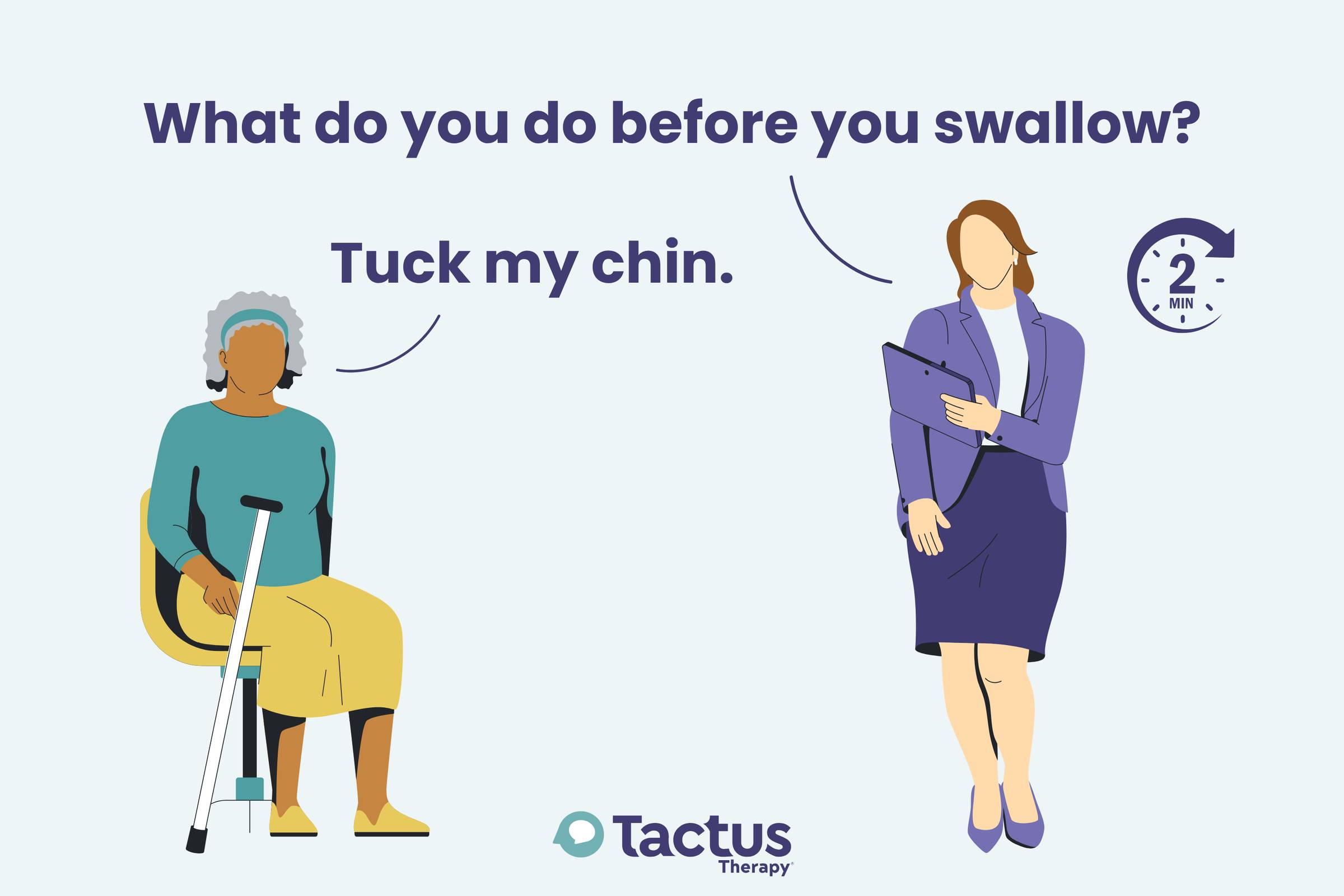 A graphic showing an SLP asking "What do you do before you swallow" and a patient responding "Tuck my chin."