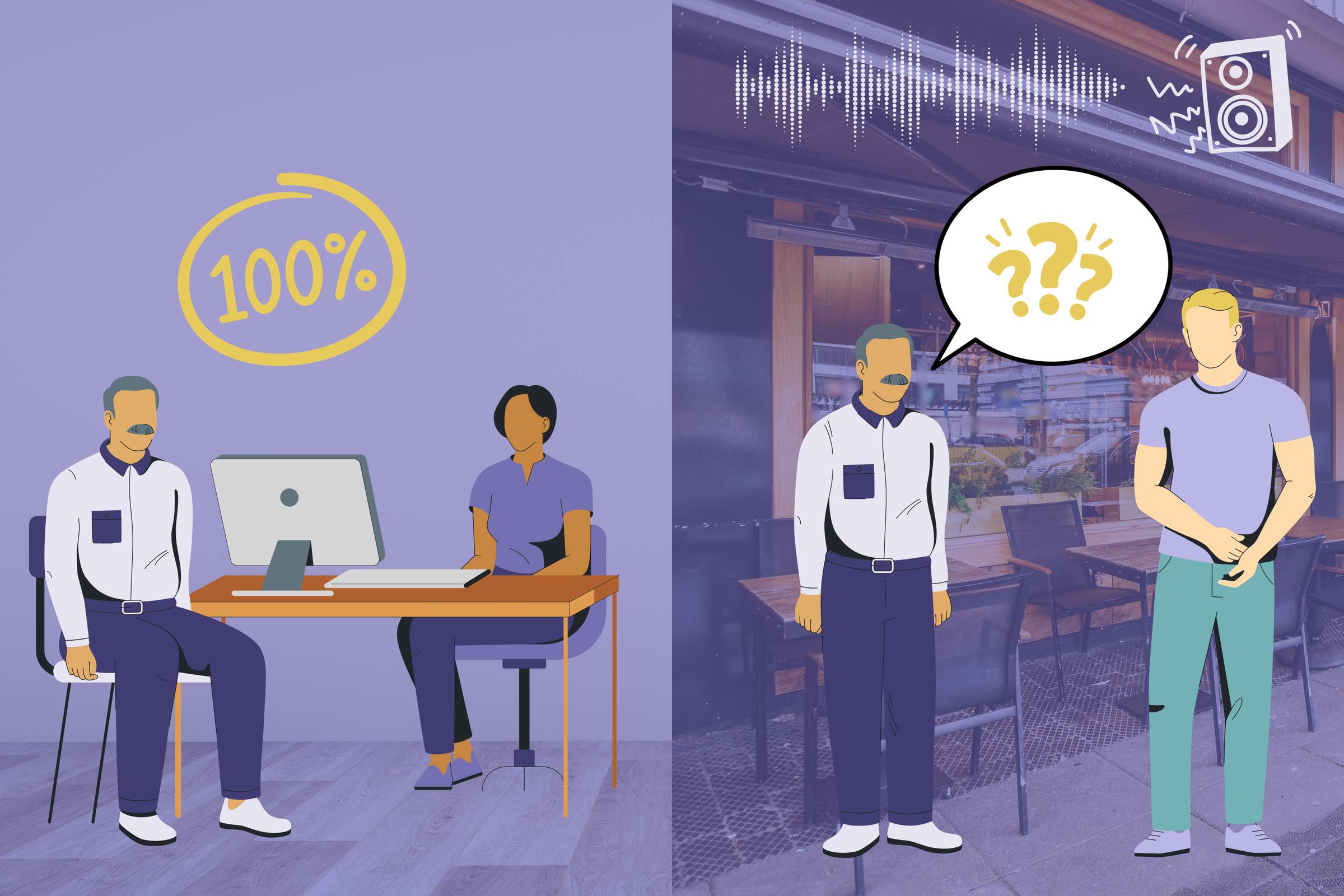 A split scene. In the first panel, a patient gets 100% accuracy in the clinic. In the second scene, he struggles to talk to a friend at a restaurant with background noise.
