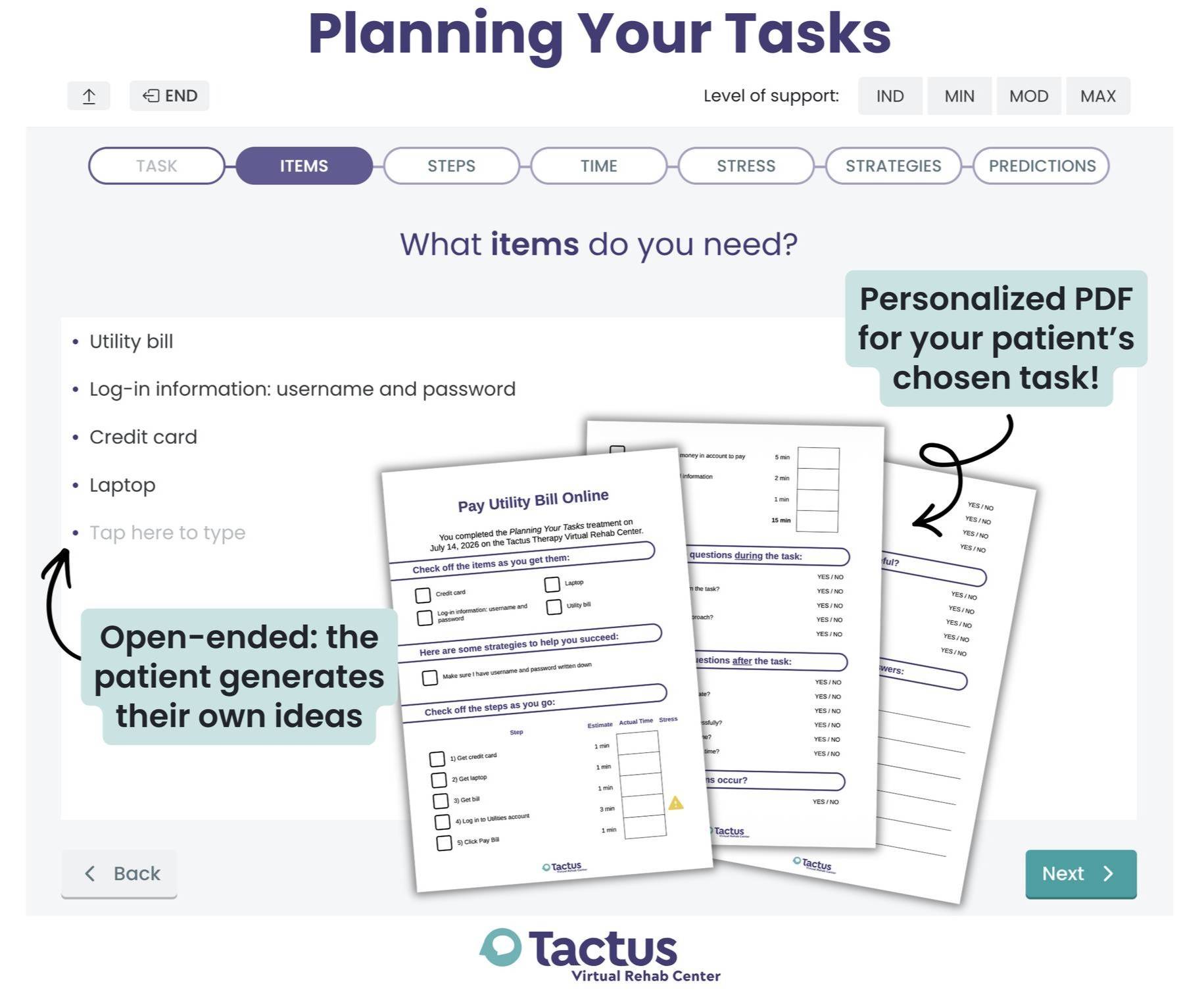 A screenshot of Planning Your Tasks treatment in the Virtual Rehab Center, plus images of the PDF with steps and strategies for the task