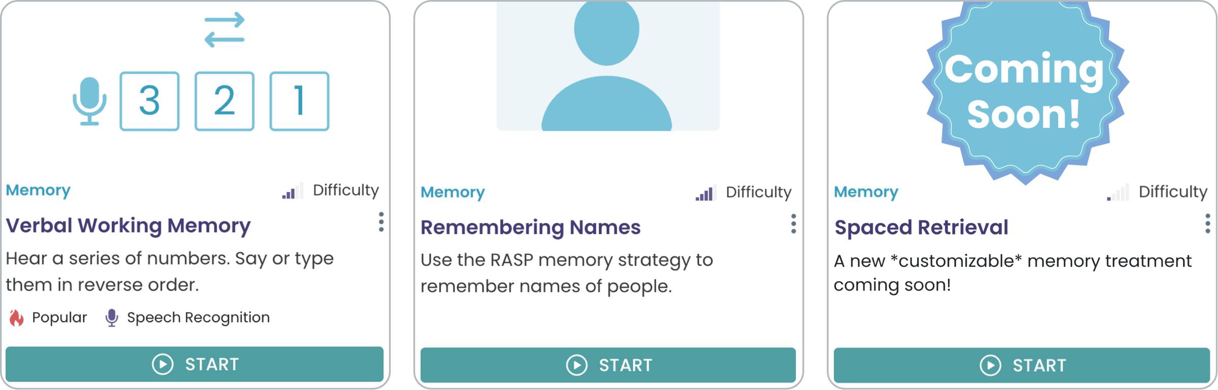 Screenshots of interactive memory treatments from the Virtual Rehab Center