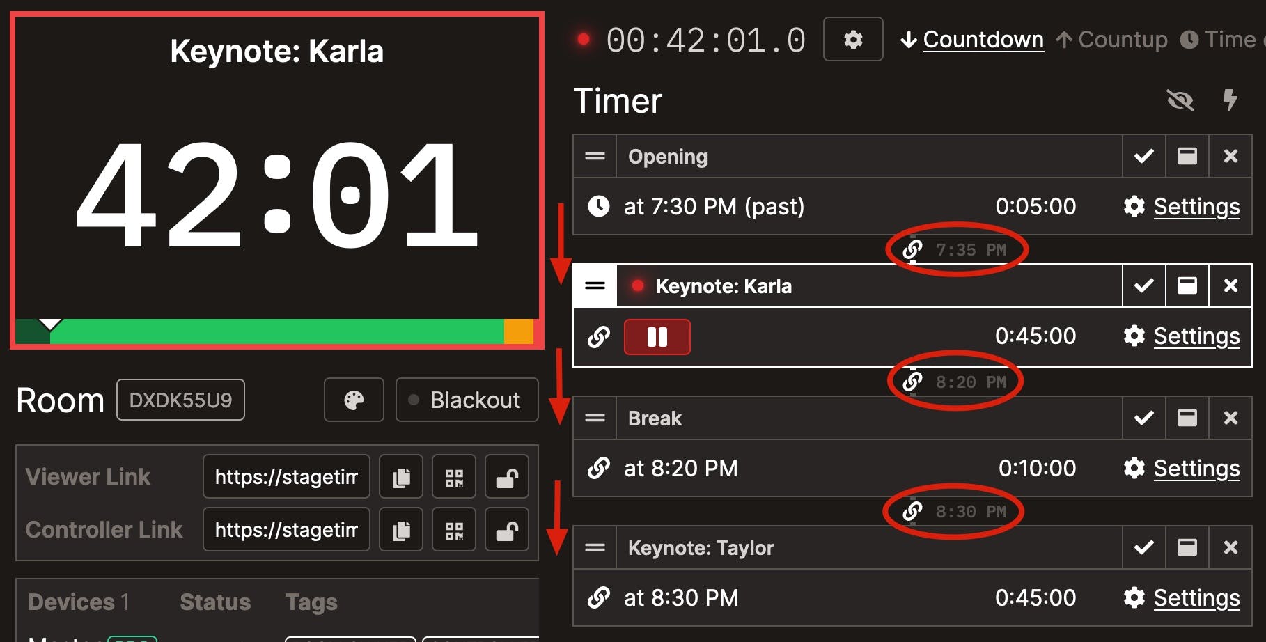 Linked timers create a simple event rundown