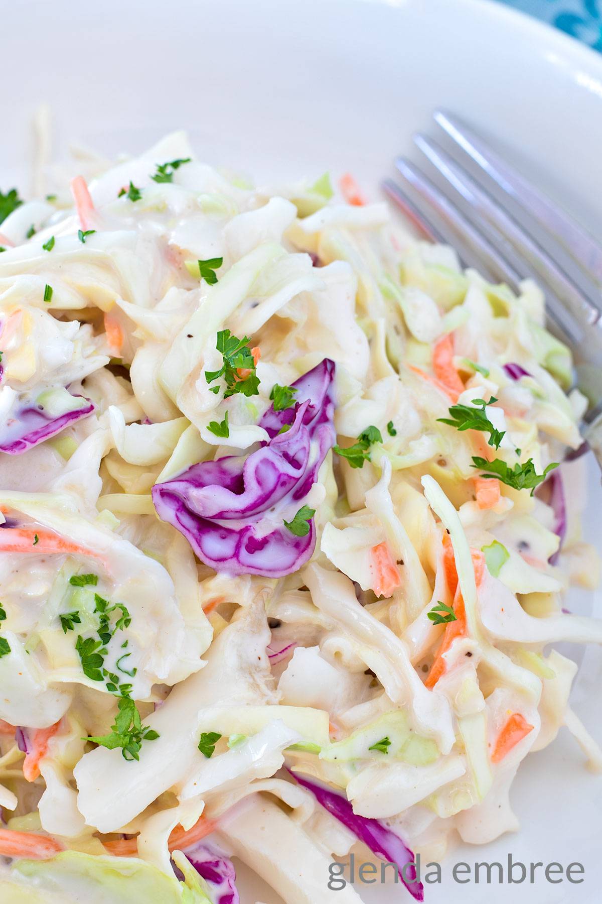 Close-up of homemade coleslaw on a white plate.
