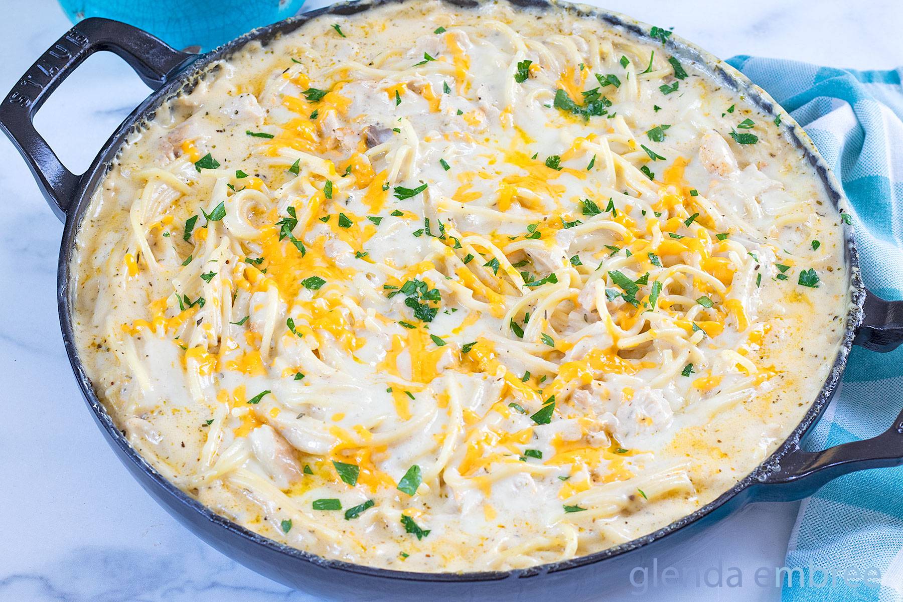Chicken Tetrazzini in a cast iron skillet.