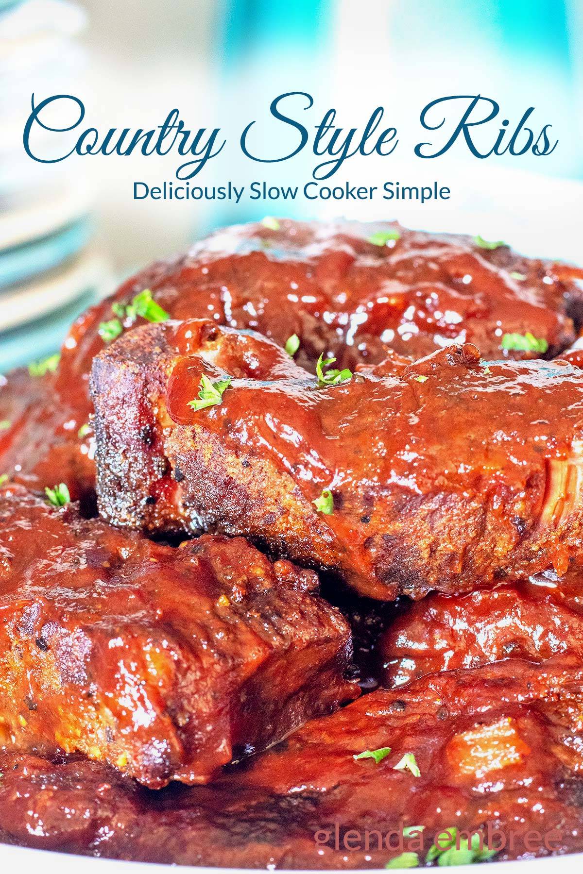 Slow Cooker BBQ Country Style Ribs on a white platter.