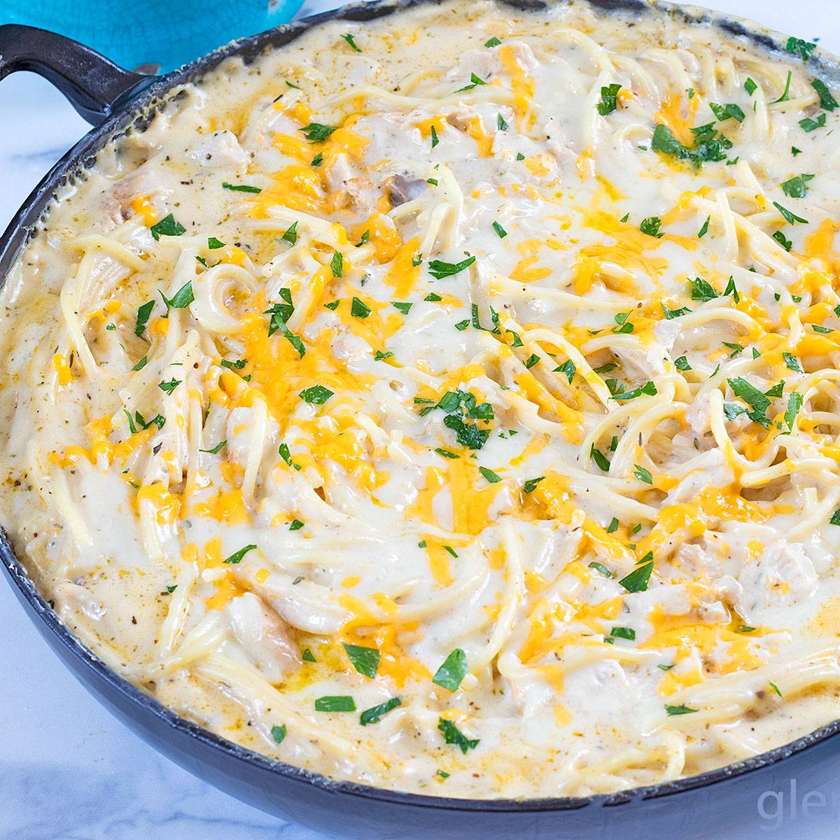 Chicken Tetrazzini in a cast iron skillet.