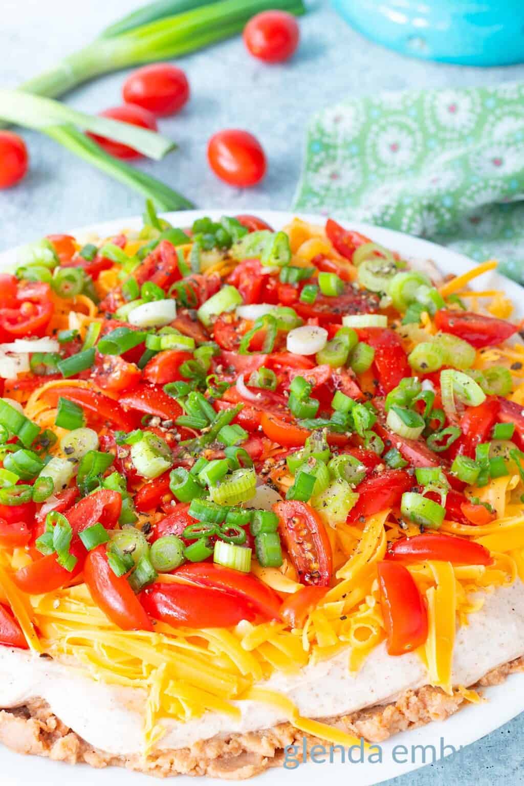 10-Minute Taco Dip on a white platter.