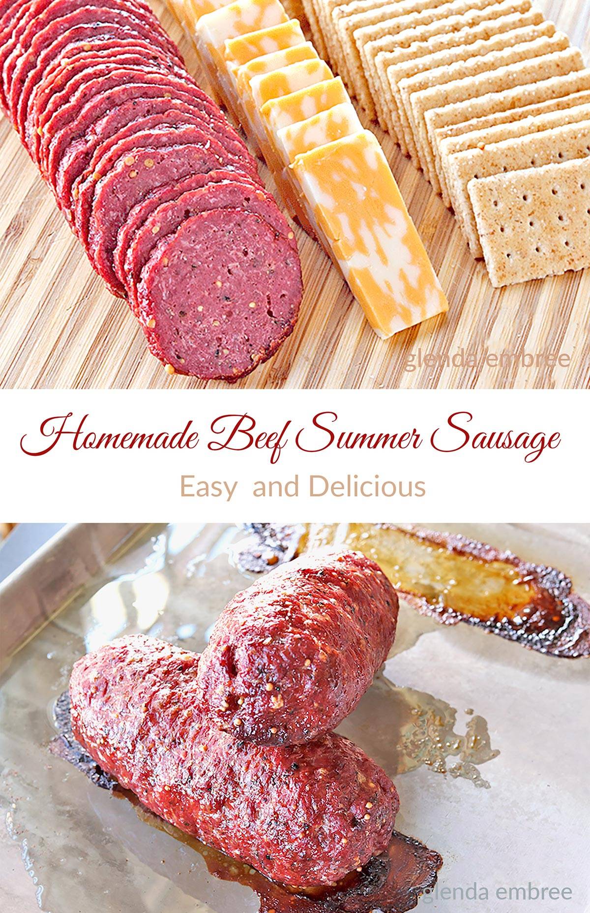 Homemade Beef Summer Sausage on a wooden cutting board with cheese and crackers.