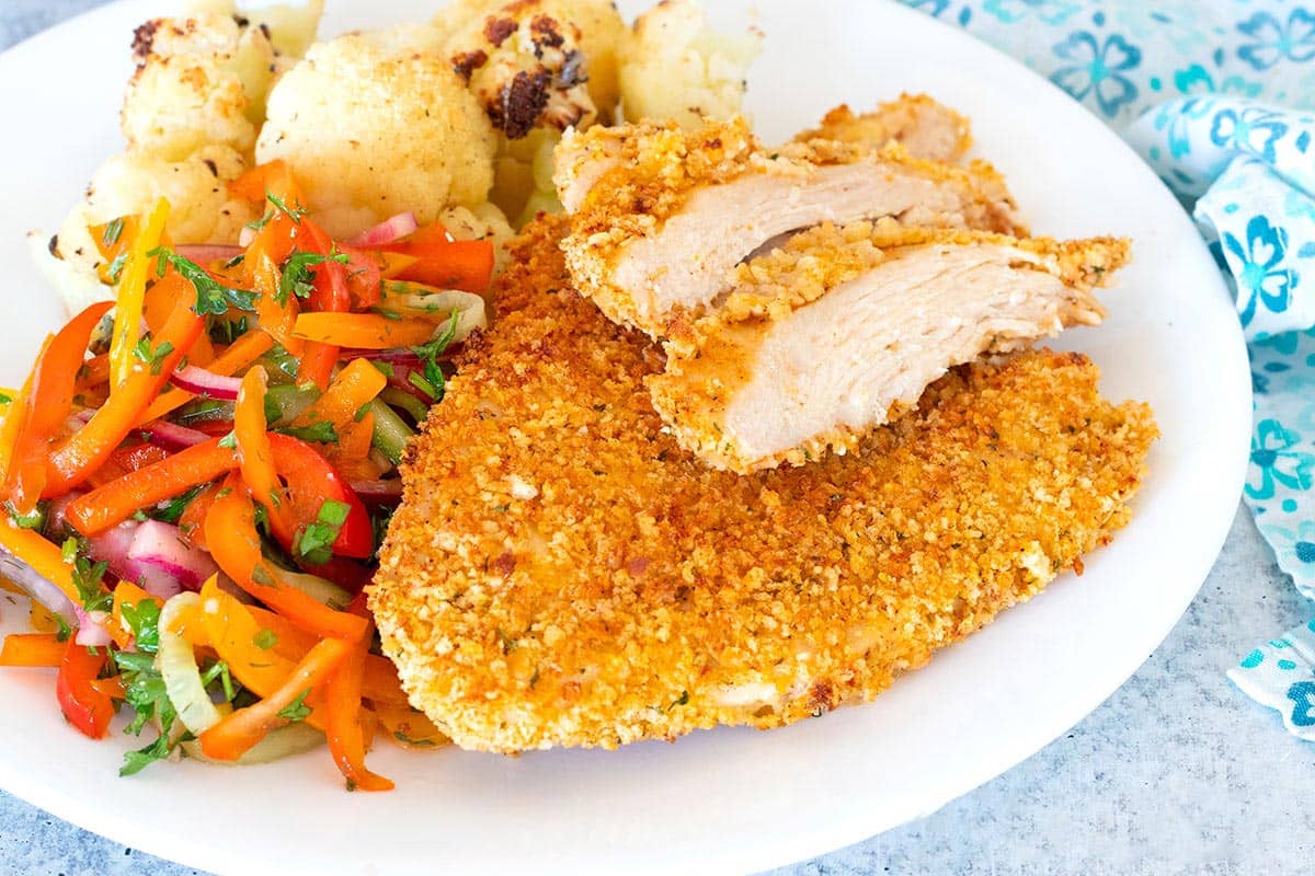 Air Fryer Chicken Cutlets on a white plate.