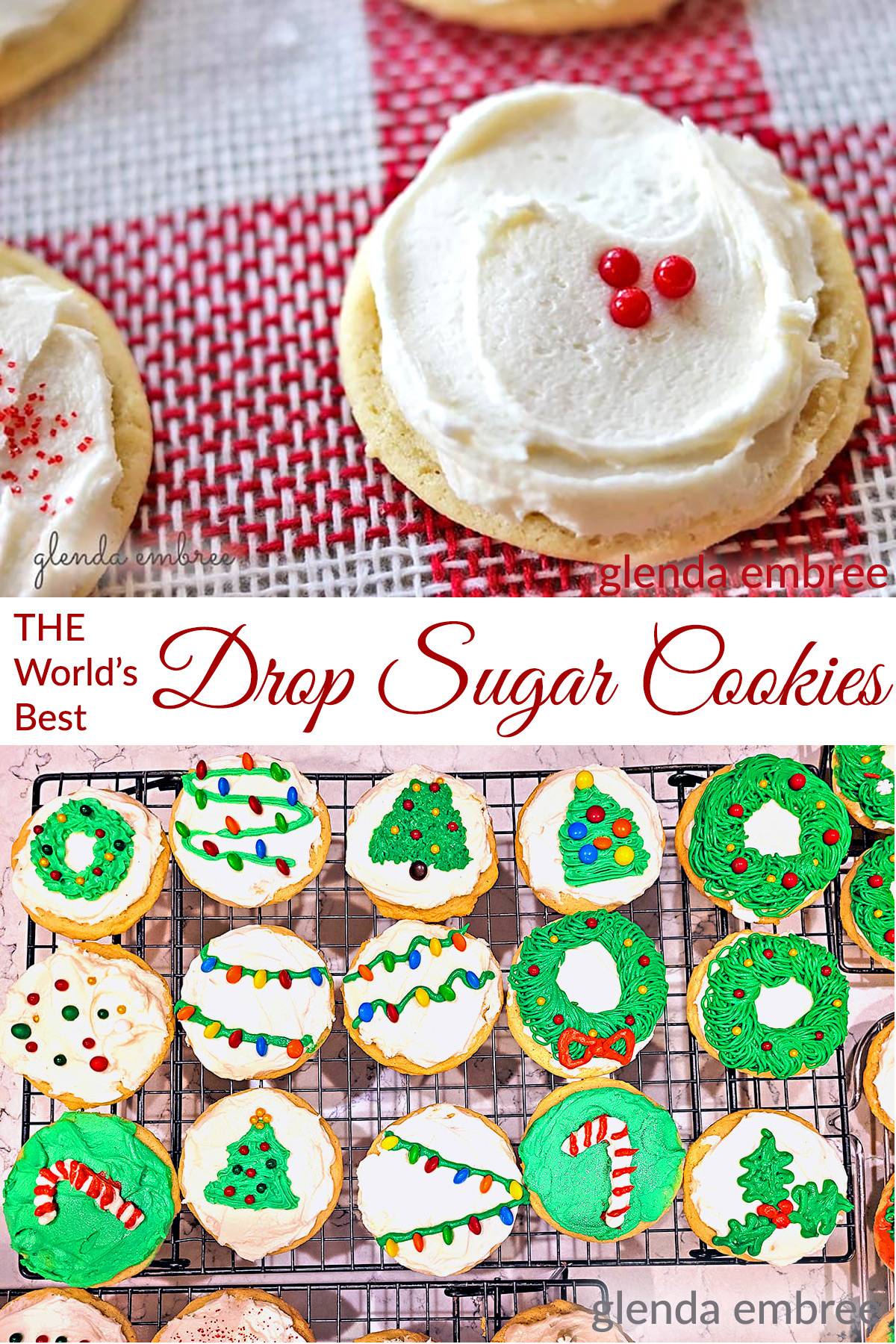 Frosted and Christmas-decorated Drop Sugar Cookies on a cooling rack.