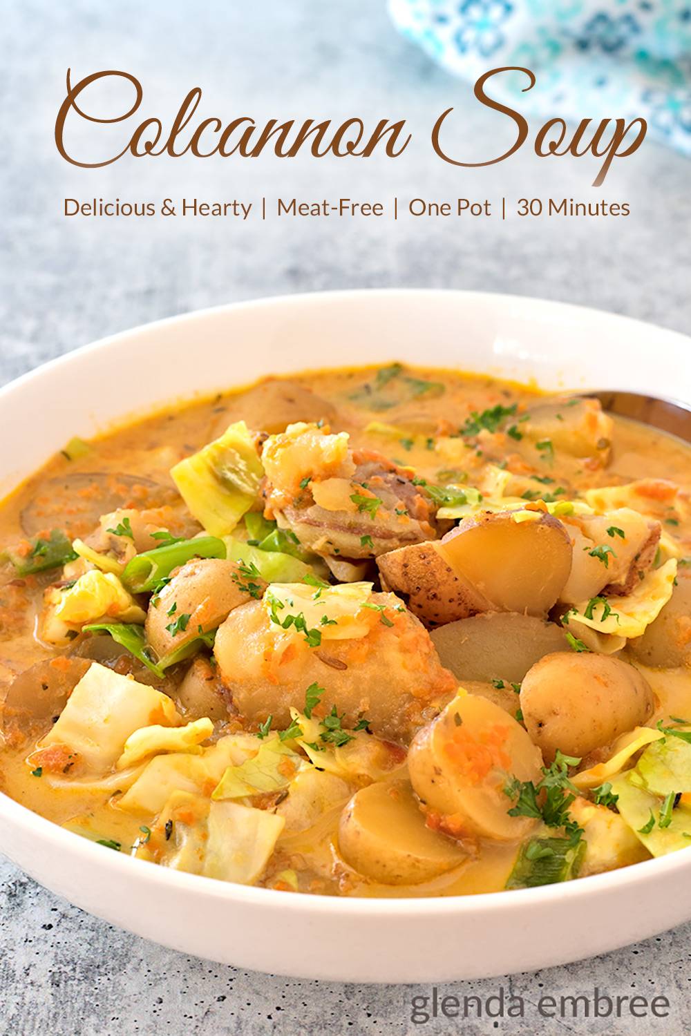 Colcannon Soup in a white ceramic bowl.
