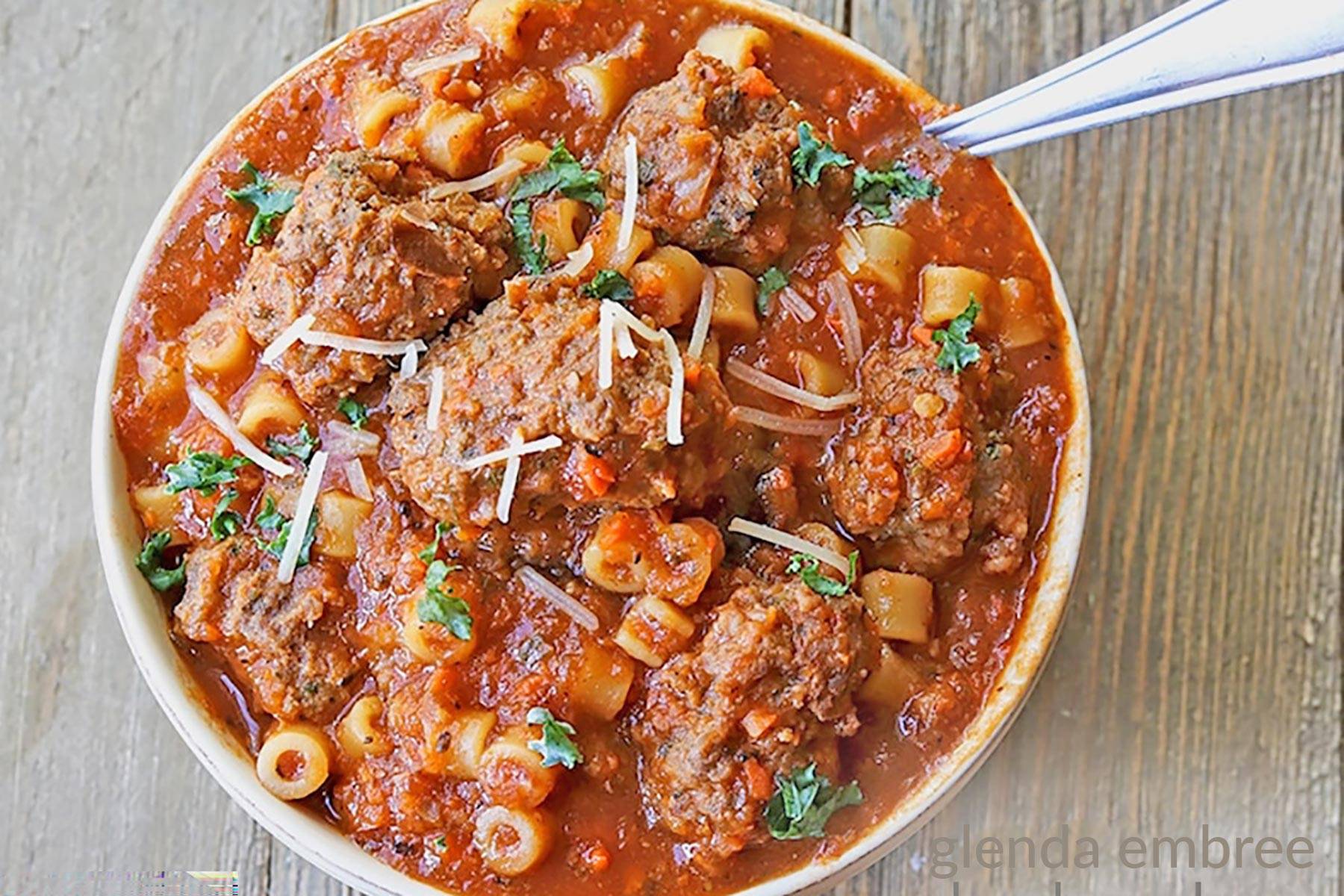 Meatball Stew in a cream-colored stoneware bowl.