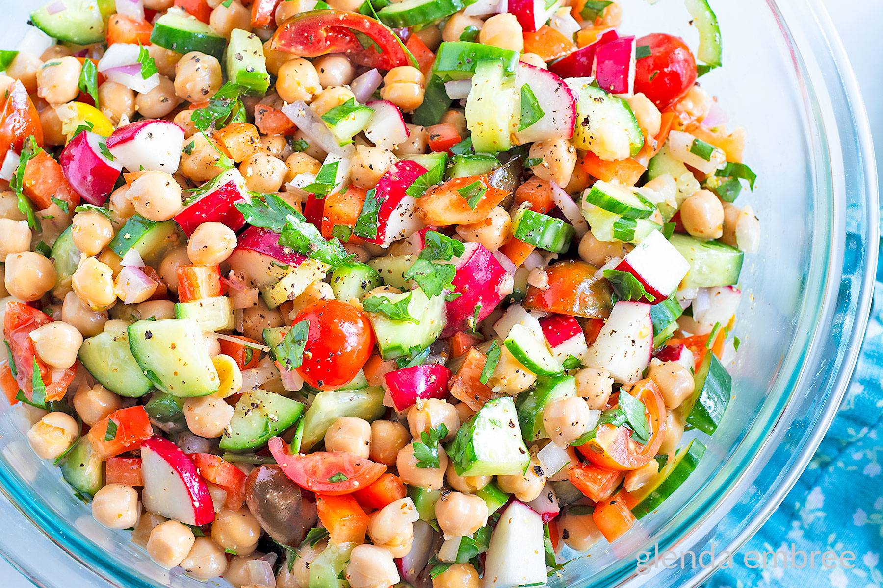 Chickpea Salad in a clear serving bowl.