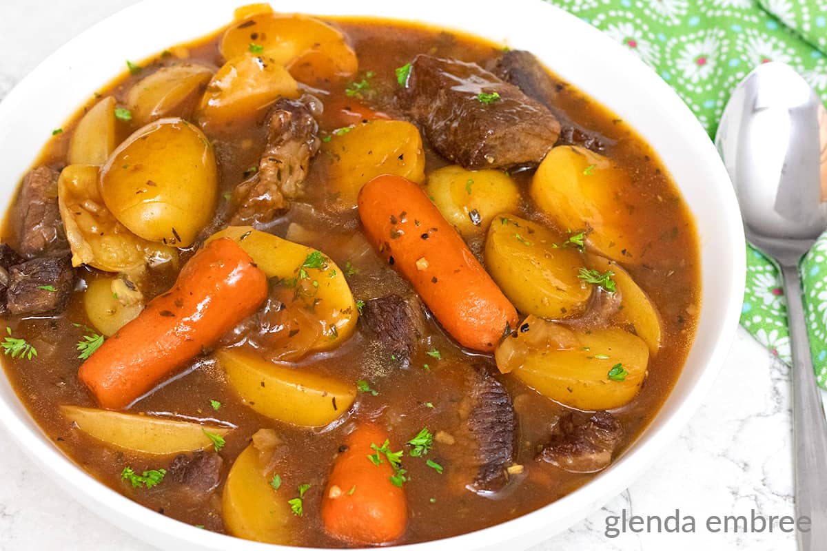 Slow Cooker Beef Stew in a white bowl.