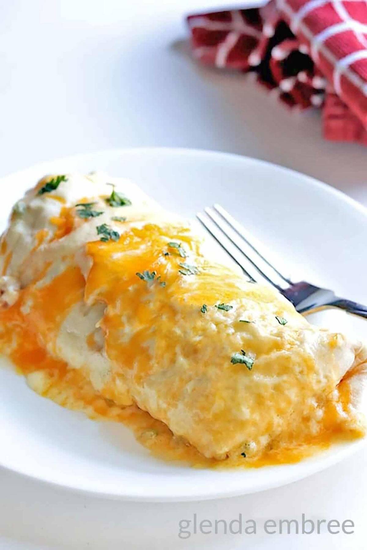 Creamy Sour Cream Chicken Enchilada on a white plate.