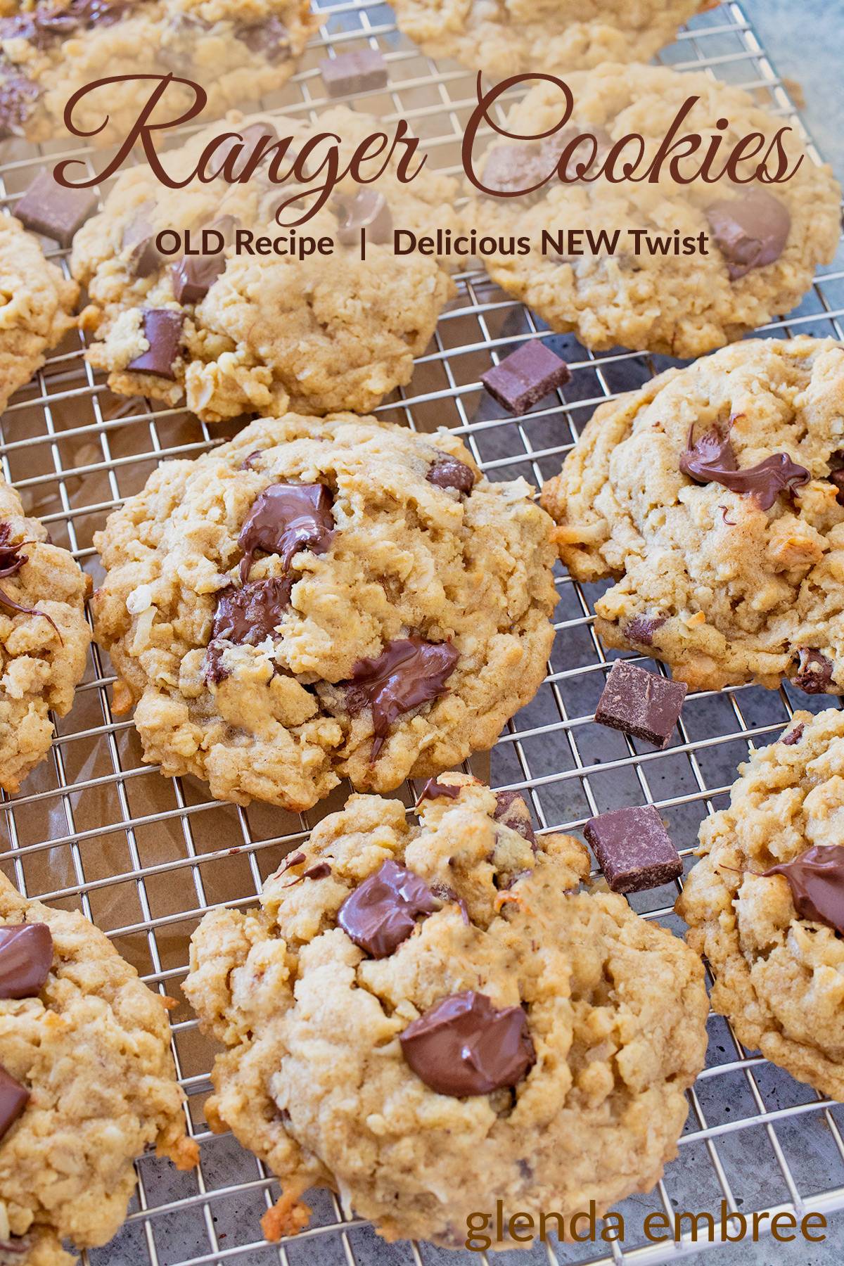 Ranger Cookies on a cooling rack.