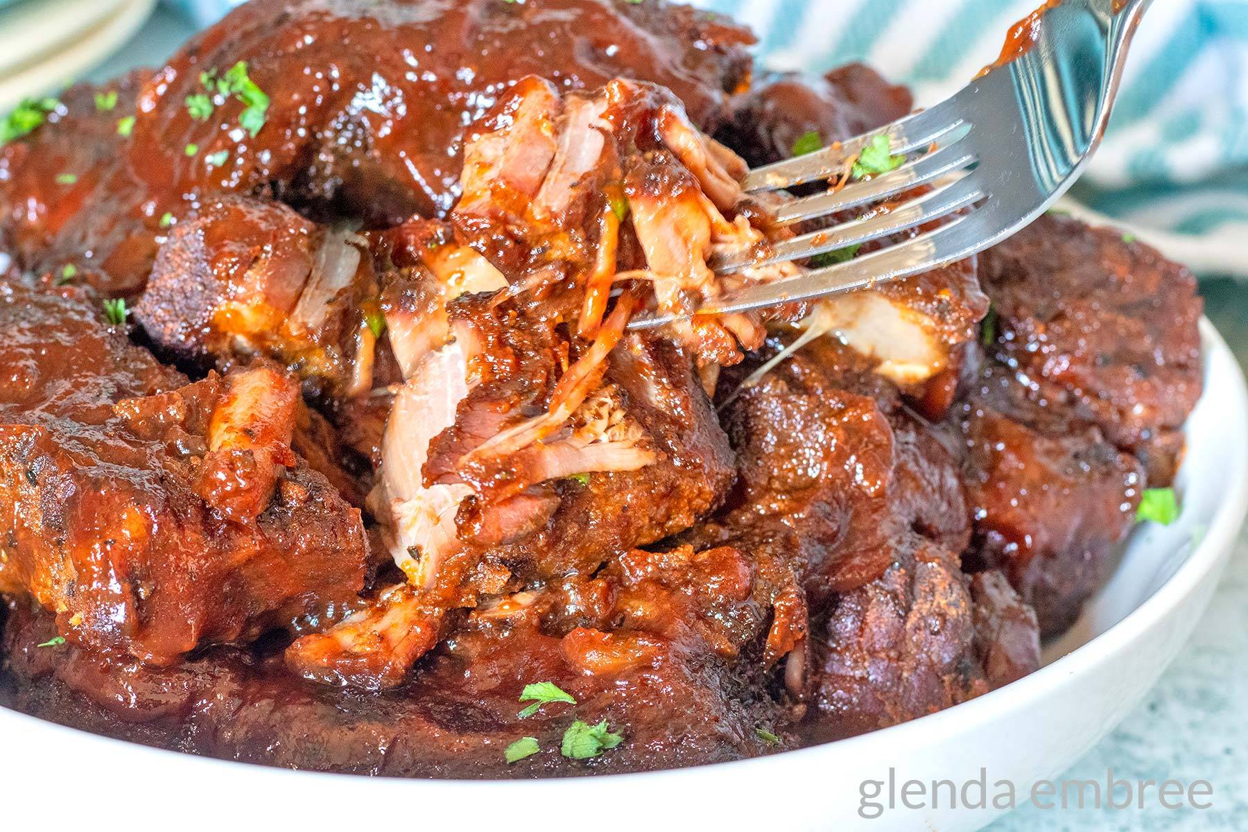 BBQ Country Ribs in a white serving dish.